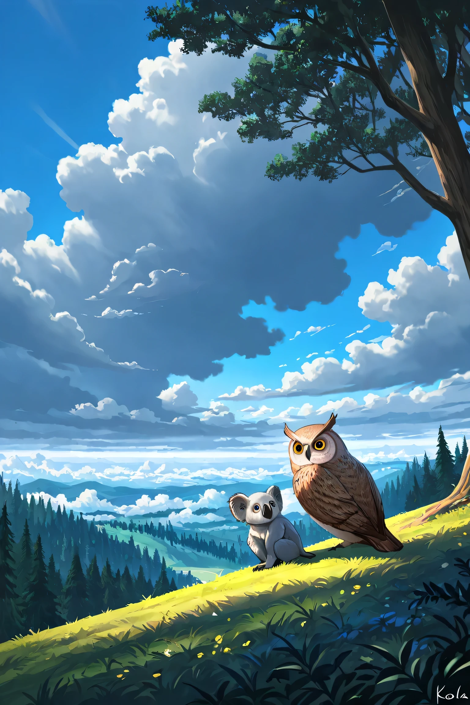 koala,Owl,two different animals,high resolution,enchanting landscape,Forest , sky ,Clouds,ATMOSPHERIC ,Story