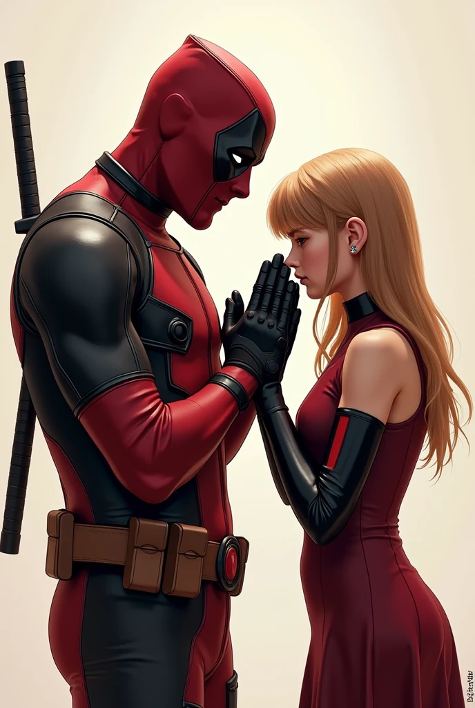female deadpool. suit, mask, blonde ponytail, big boobs, sexy. epic lighting, harte schatten, hoher kontrast. white eyes