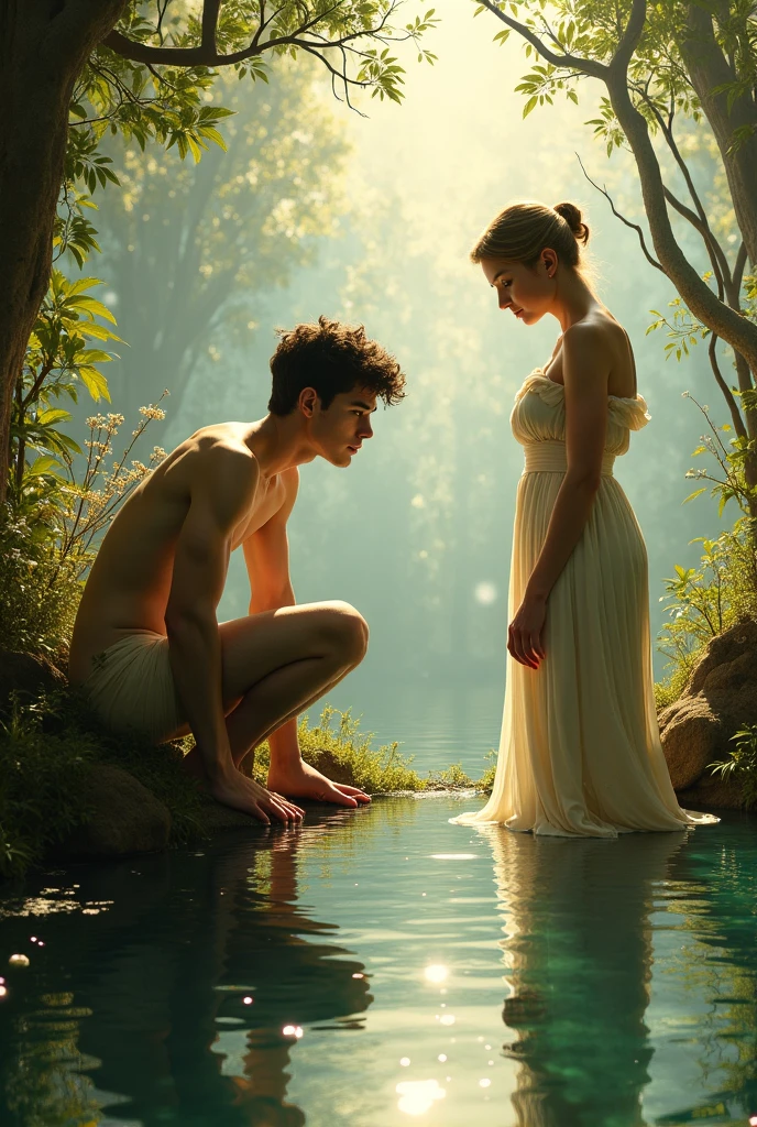 (masterpiece:1.3), (best quality:1.3), Echo and Narcissus, Narcissus leaning above the pond to see his reflection, and Beautiful alluring Echo looking at him, forest background, green and red tone.