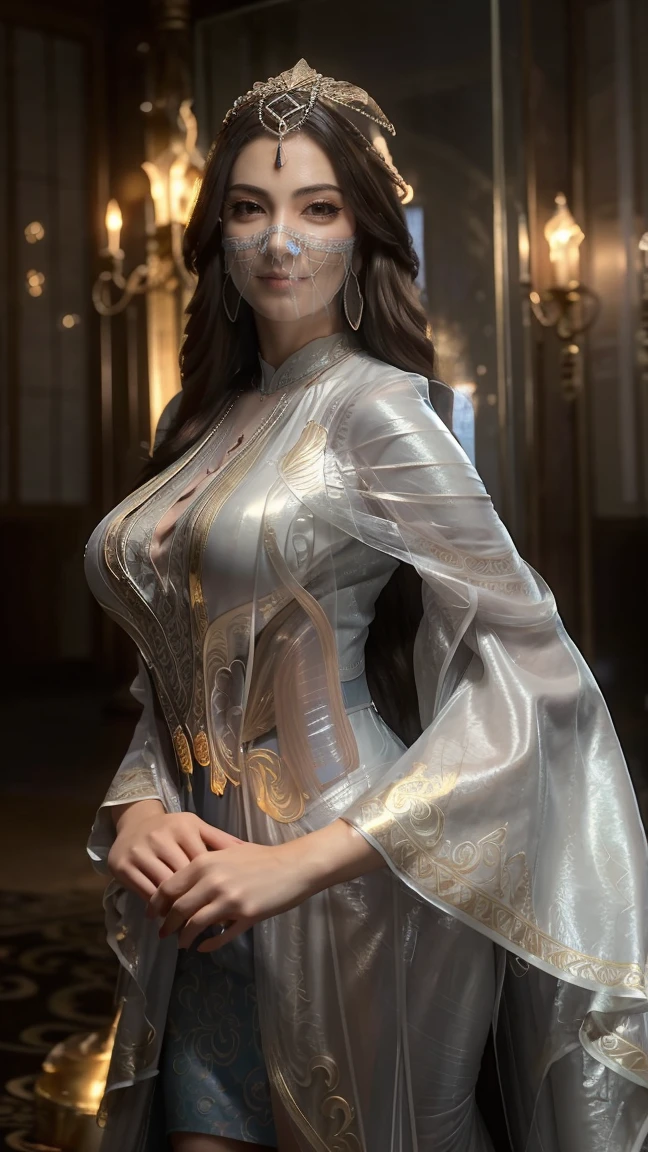 A lady with extraordinary temperament, she stands in a modern indoor space, as if she is a model from a fashion magazine. She is wearing a (pure white long fur cape), the softness and luster of which makes her look more noble under the light, and complements her (beige dress) underneath, showing her gentle temperament while maintaining a sense of fashion. The style of the dress is simple and generous, a perfect match, and it lengthens her figure, making her tall and charming. The lady's makeup is delicate and elegant, which just highlights her facial features and makes people unforgettable at first sight. Although the earrings and necklace she wears are not ostentatious, they add a bit of sophistication and nobility to her overall look. Her hair is casually draped over her shoulders, and every strand of hair exudes a natural luster,, (best quality,8k,highres,masterpiece:1.2),ultra-detailed,(realistic,photorealistic,photo-realistic:1.37),studio lighting,ultra-fine painting,sharp focus,physically-based rendering,extreme detail description,professional,vivid colors