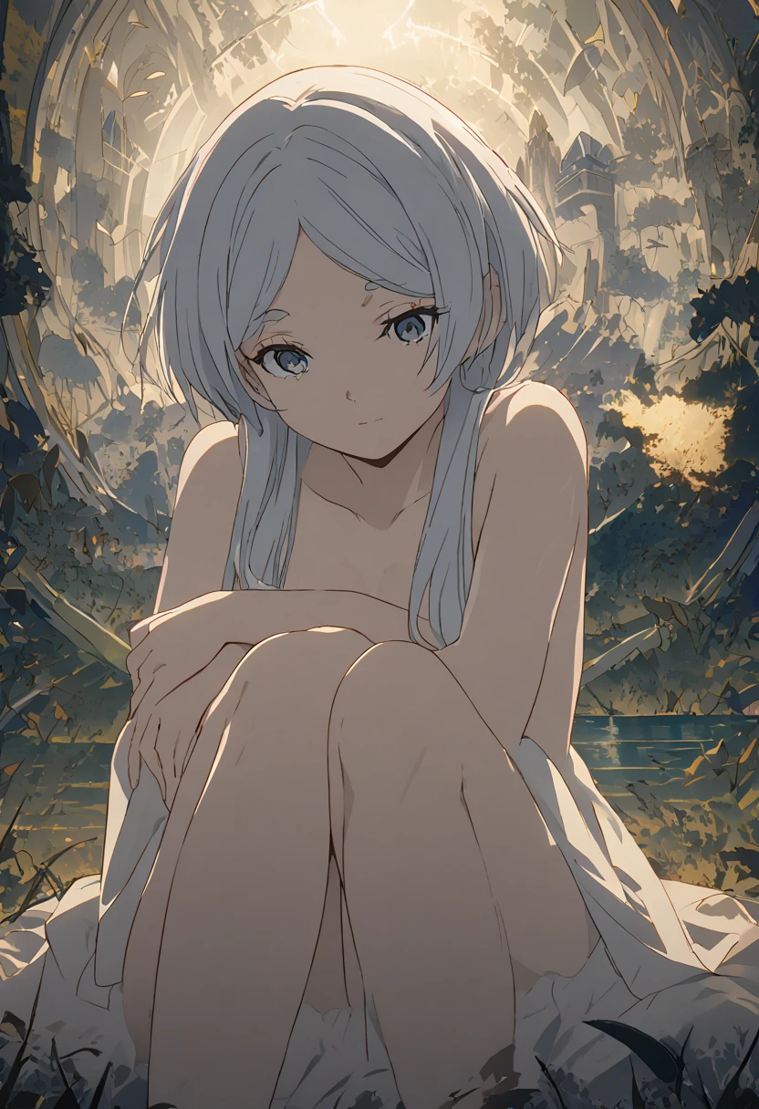 super high quality, girl, 20-year-old, とてもshort hair, long bangs between the eyes, very detailed,(masterpiece、highest quality)、alone、dark grey, silver hair, gray eyes, beautiful eyes,、short hair,blue sky , sunlight,fantasy landscape,smile、naked、I can see the pussy、Open your legs