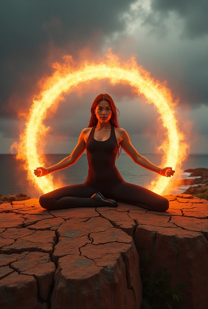 
((side view)), girl sitting on the fire against the background of fire, open mouth, 
 sitting on the flame, fire, side view girl sits in the lotus position, fiery sky, skyline, only fire, smoke,
burning girl in blue Half top wrestler and blue Elastic shorts look at the side, adult, [Nordic], Hourglass elongated fitness body, perfect Olive skin, Oval Face, Long neck, Rounded shoulders, perfect hand,  Attached Pointed ears, round forehead, Short blonde Waves pixie hair, snub nose, Arched eyebrows, Monolid blue Eyes, High Round Narrow cheekbones, Dimpled Cheeks, Rounded Chin, Rounded Jawline, Fine Puppet Wrinkles, Full nude Lips, (blue eyes), Nude Makeup Look, long eyelashes,  third breast size,  
 graphic style of novel comics, 
2d, 8k, iMax, hyperrealism, masterpiece, high resolution, best quality, ultra-detailed, super realistic, Hyperrealistic art, high-quality, ultra high res, highest detailed, lot of details, Extremely high-resolution details, incredibly lifelike, colourful, 