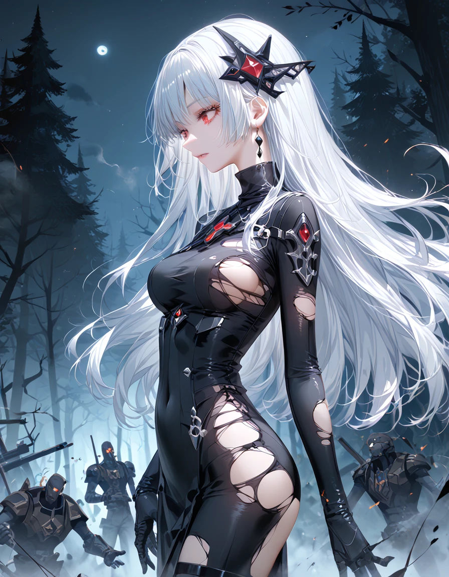 Gray Hair　Red Eye　Black clothes　Sickleを持っている　boots　Eye patch　Kitchen 2 Disease　nice　Crow　Sickle　dark　dark darkness　大Sickle　grim Reaper　evil　ponytail　Long coat　boss　ラスboss　Red Moon　Blindfold、Camel Toe、Giant tit、Nipple Puffs、Cleavage、Plump、Super big breasts、Super big butt