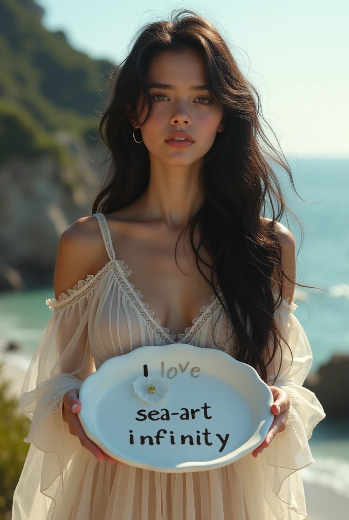 White girl with black hair next to the beach in underwear