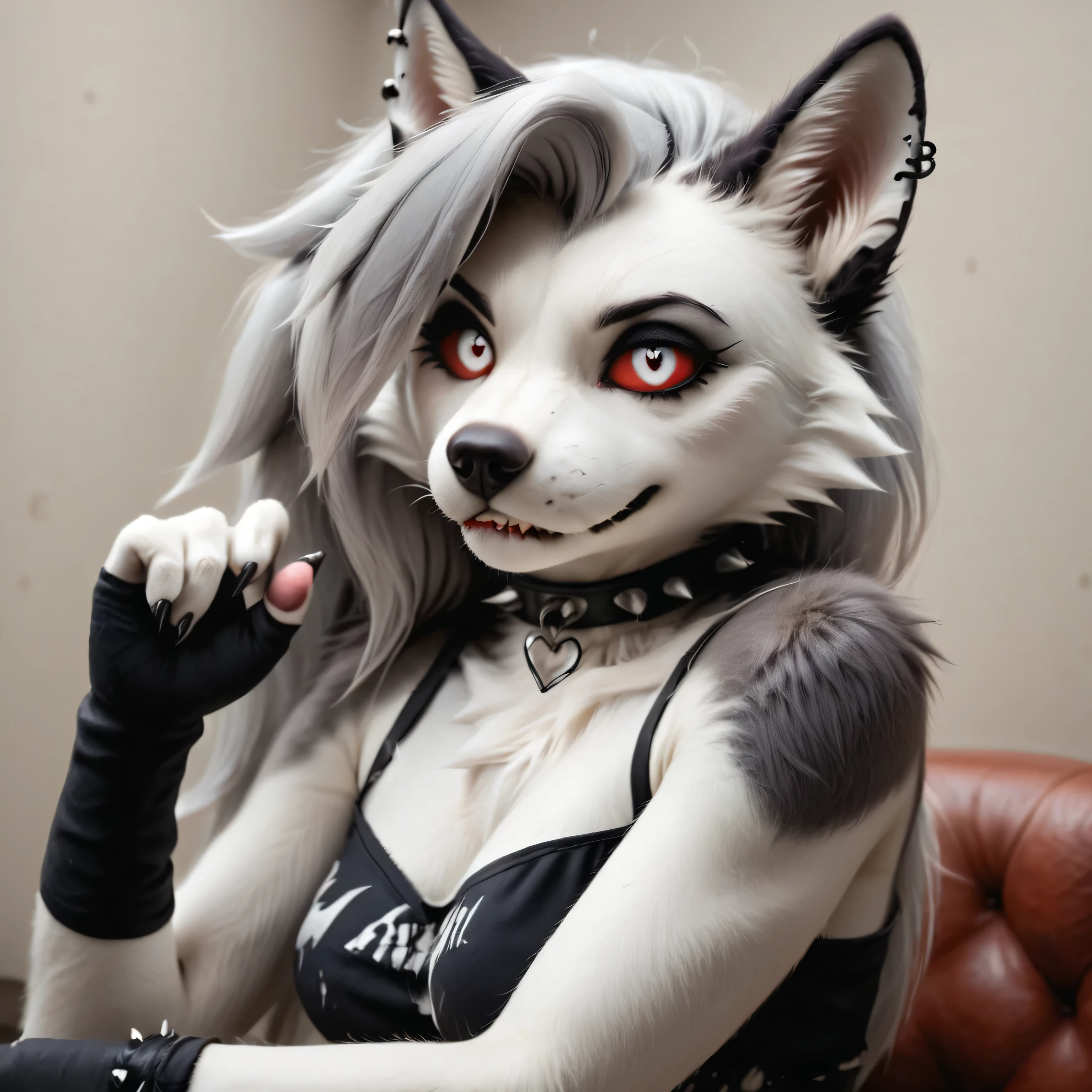 masterpiece, best quality, amazing quality, realistic, girl, Loona, furry female, white fur, goth, goth girl, colored sclera, red sclera, white pupil, animal ears, red eyes, fingerless gloves, piercing, collar, sexy pose, seductive look, biting lip, nightclub background.