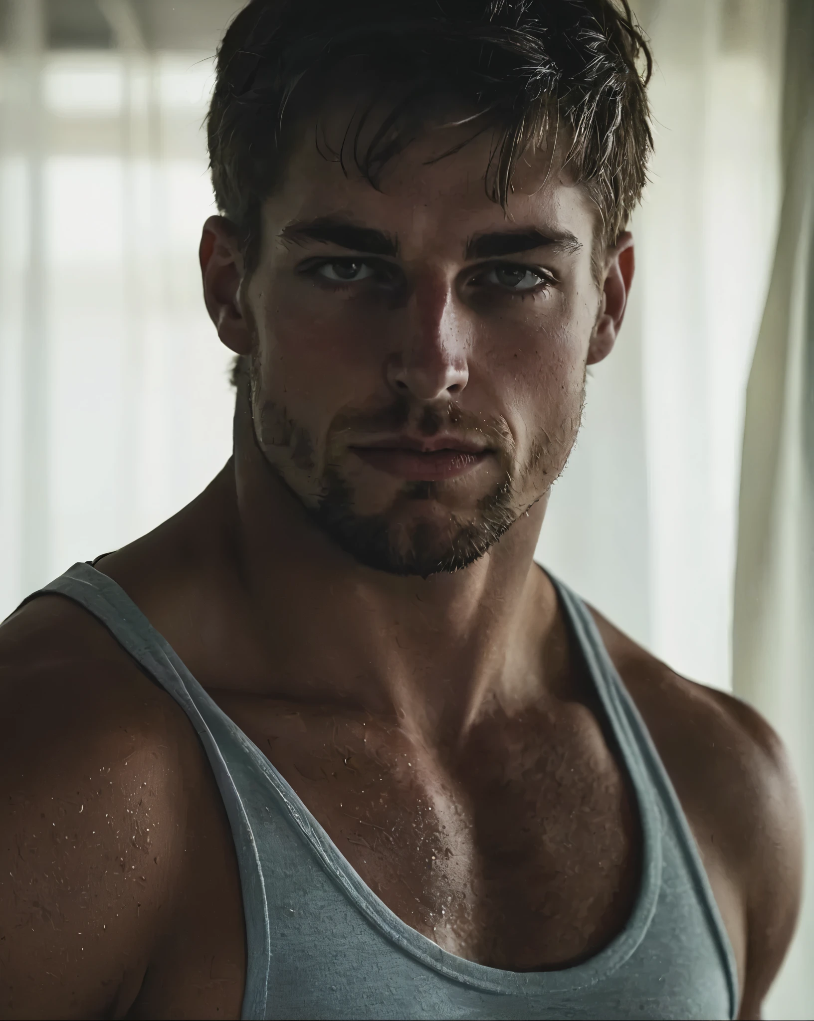 james dean, muscular body, shirtless in harness, in underwear with volume. sexy face. Gorgeous face. white liquid on face. white liquid on chest. kneeling on bedroom floor.