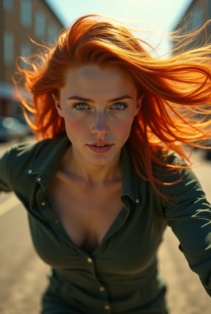 full body photo, A full body shot from a distance of a stunning naked redhead woman on the street, wears no clothes, green eyes, Pretty, looking far away, 8k uh, dslr, Soft lighting, good quality, film grain, Fujifilm XT3