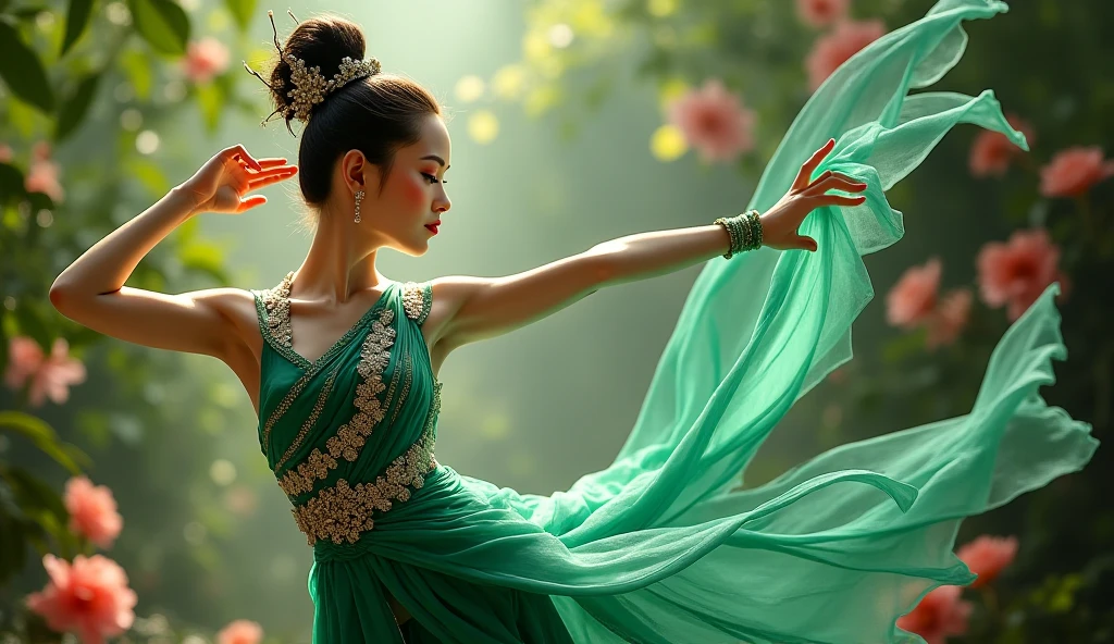 (An anime image:1.3) line drawing with glowing edges of ballerina, curvy, Pine silks split skirt, bra, veil, theatre, cushions, jewelry, Arabic, oriental, dancing, dynamic posture, flying hair, spinning, full-body,