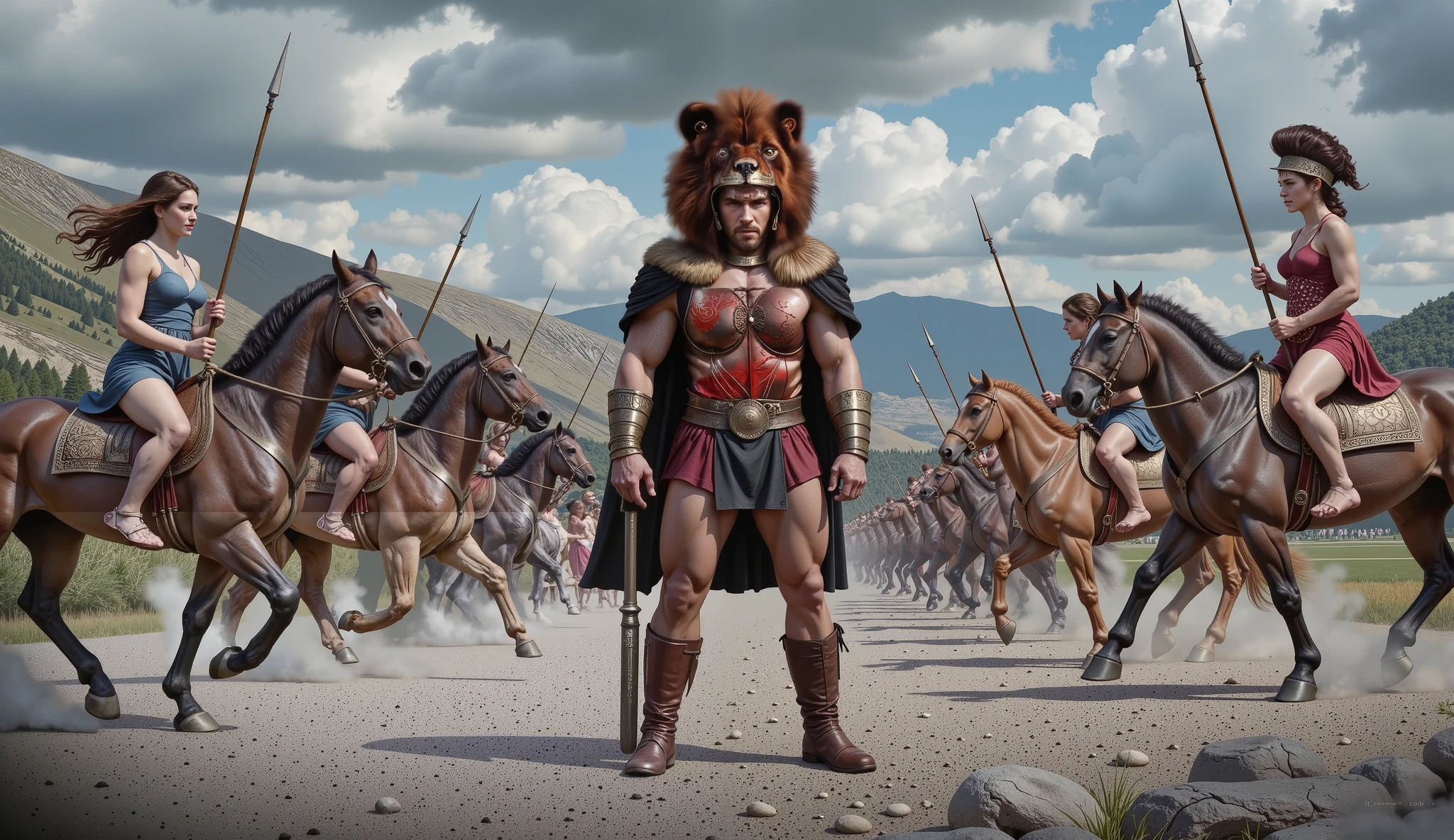 Hercules standing on the ground, surrounded by Amazon warriors on horseback wielding spears.