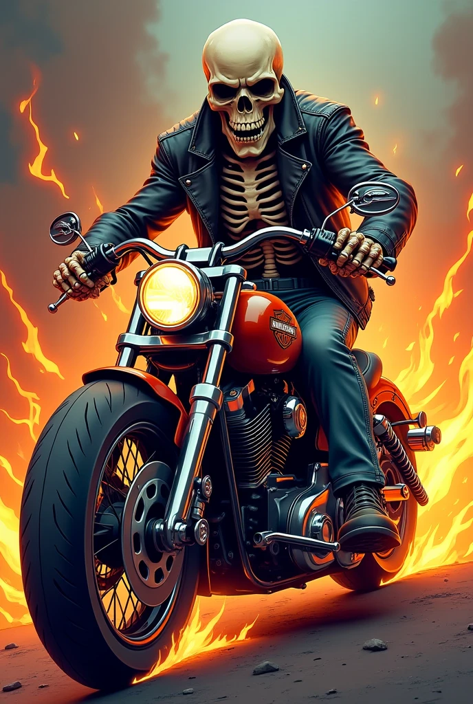 create an image of a skull riding a harley davidson motorcycle and wearing red headphones, his eyes are glowing red and his skull is blue, in the background a fire scene, Sparks and smoke 