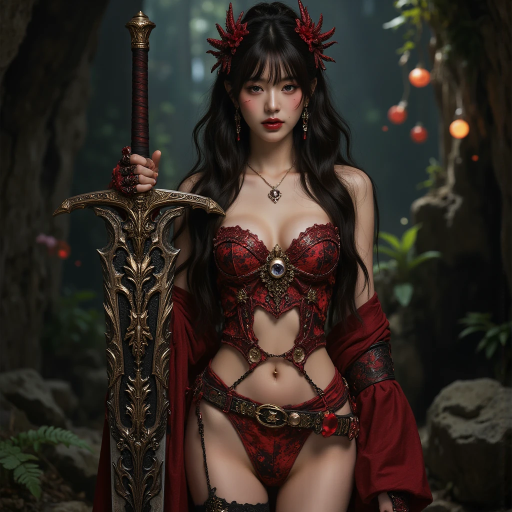 yor briar, anime style beutiful woman, 1girl,fullbody, happy, smile, red face, closed mouth, beautiful detailed eyes, super detailed skin, backlighting, bare shoulders, black background, black dress, black gloves, black hair, breasts, dress, earrings, fingerless gloves, floating hair, floral print, flower, gloves, gold earrings, gold hairband, hair flower, hair ornament, hairband, holding, holding weapon, jewelry, large breasts, long hair, looking at viewer, off-shoulder dress, off shoulder,red eyes, short hair with long locks, sidelocks, solo, spikes, thighs, two-sided dress, two-sided fabric, weapon, fighting stance , face, close up, from above, highest quality, high resolution.
