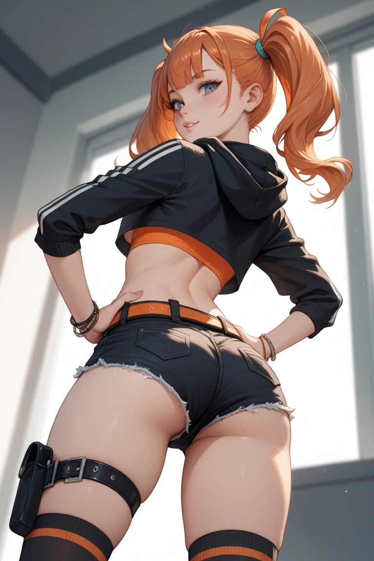 Masterpiece, best quality, from side,Kousaka honoka, blue eyes, (orange hair:0.8), white head band,sad, strapless crop top, Camouflage paint,army shorts, (exposed ass cheeks:1.2),Camouflage print thighhighs, big breasts 