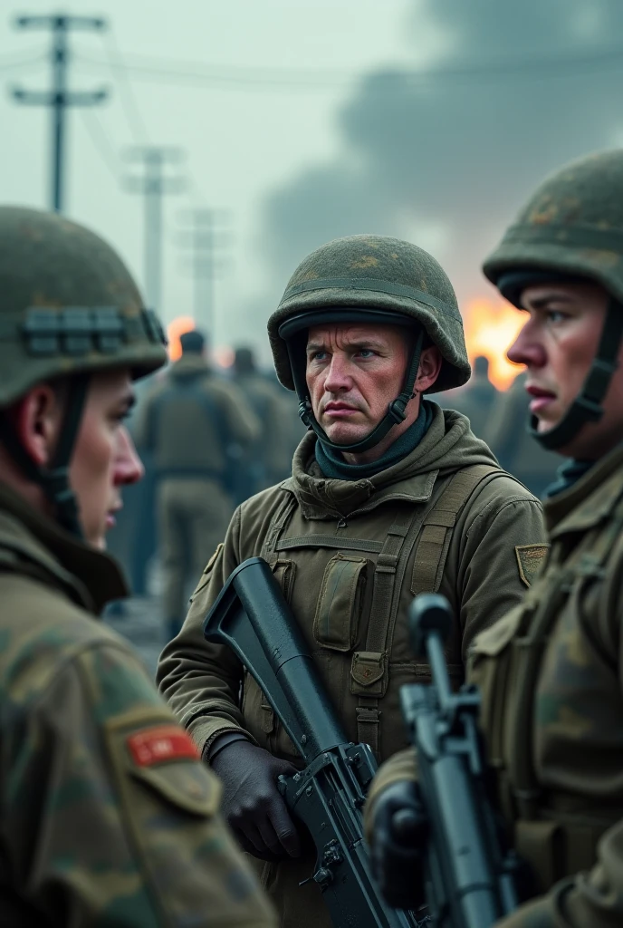 A large group of soldiers, next to a general who was somewhat close to a soldier, lightly grabbing the general's arm, quite scared, watching from a distance as missiles fell outside their military base while it was nighttime, with snipers nearby