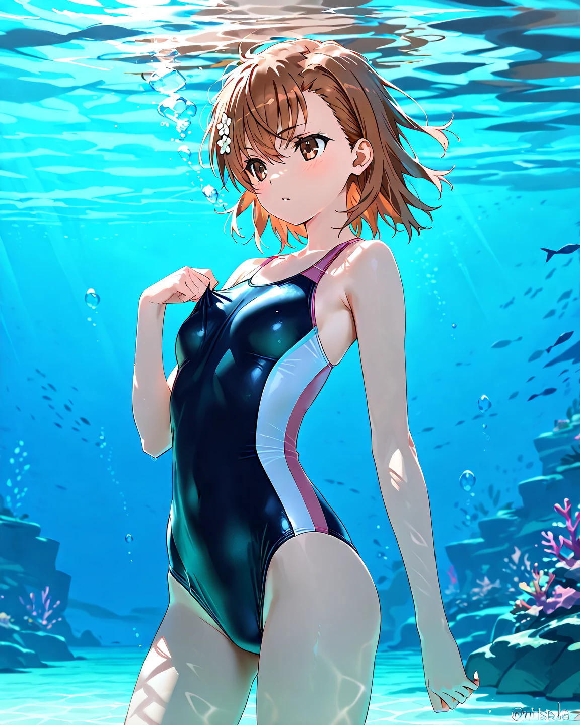 masterpiece, best quality, highres, 1girl, bangs, barefoot, bob_cut, bracelet, breasts, cleavage, full body, green eyes, leotard, medium breasts, purple hair, red leotard, red swimsuit, short hair, solo, standing, lifeguard, swimming, underwater