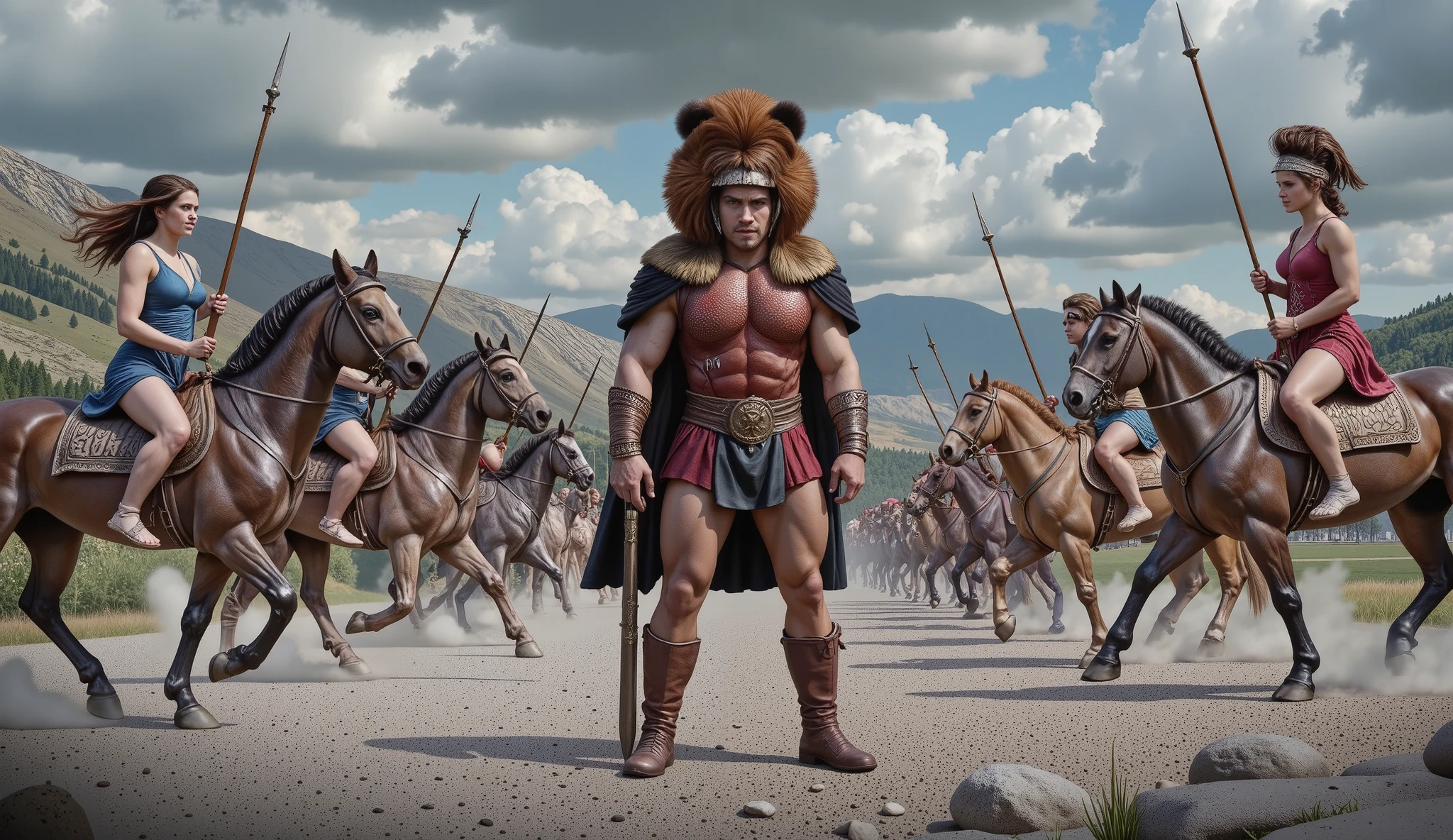 Hercules standing on the ground, surrounded by Amazon warriors on horseback wielding spears.