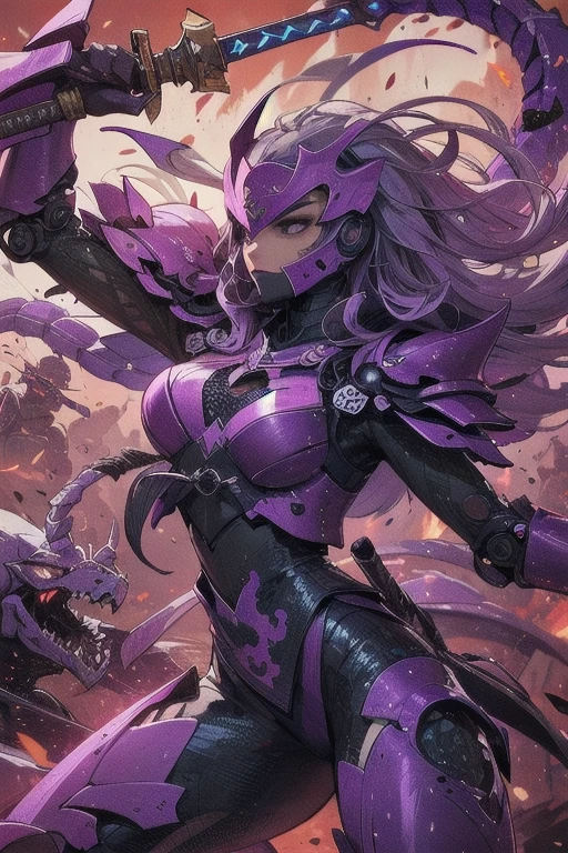 Be realistic，（masterpiece，Highest quality，Highest quality，Very detailed，Fractal Art，Most detailed，（Abstract background：1.5）（1 Girl），Kamimei，（紫色のLong Hair），（puppet, Light purple eyes,  Purple Hair, Long Hair, Big Breasts、Toned Abature face、Stunned)、Abyss Stick、crystallization，bikini、High leg、Sexy、Purple Machine Armor、Sunburned skin、Demon Horn、mini skirt、There is a big wound