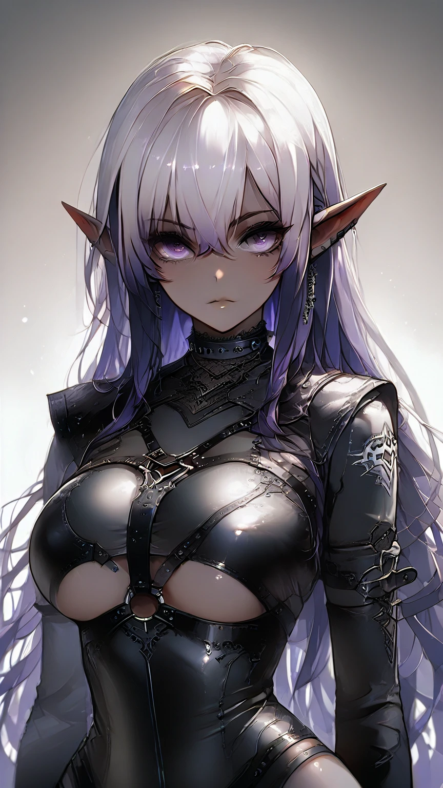 卓尔Elf, woman, Pointed ears, Solitary, Elf, Umbilical cord, hood, have色皮肤, diaphragm, Looking at the audience, Long hair, cloak, dark Elf, breast, White hair, no hood, cape, medium breast, cloak, belt, pouch, blue eyes, Gray skin, blue eyes, Upper Body, arms, Know, Glowing eyes, Lips, 亲切的Smile, ((masterpiece, best quality)), Artwork by Greg Rutkowski, Popular on artstation (masterpiece:1.2), best quality, Beautiful rebellious girl,portrait,
1 Girl, have, open mouth, Glossy lips, White short hair, , Pink Eyes, earrings,, Long eyelashes, contour, Upper Body, Clothes Writing,Huge bust、Protruding chest、Super huge、巨大的breast, Barcode tattoo, bust, Smile, Collar,Huge bust,Long hair,Drool,Milky saliva,Showing breasts,Chest-baring clothes,拴着铁链的Collar,Fangs,Facing the camera,Red heart-shaped pupils,Superbly detailed eyes,Exquisite face,Detailed face,Delicate nose,Intricate tattoos,Rainbow colored hair tips,Short hair girl