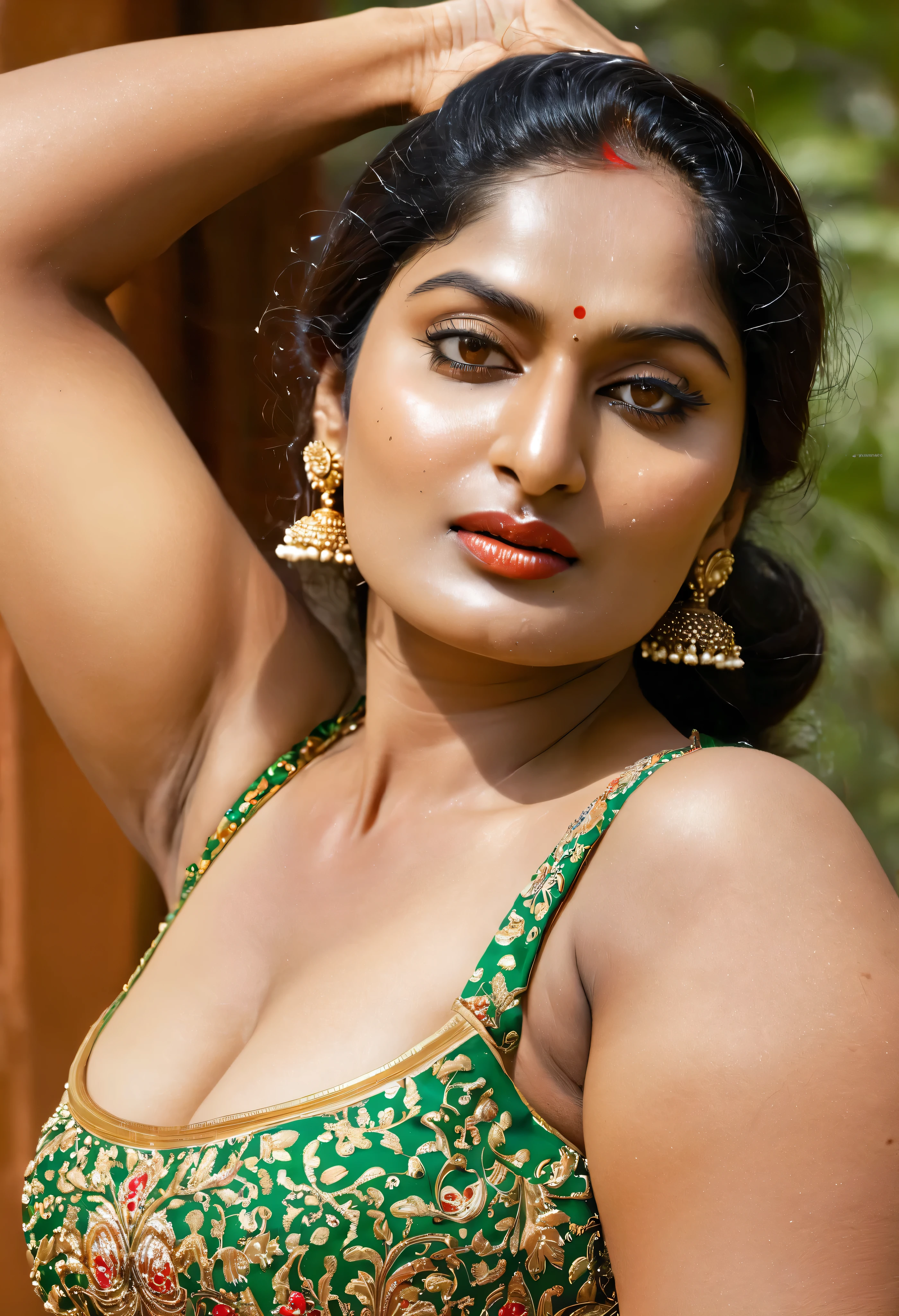 This maharani is not just a figure of beauty; she is a force. Her thick, tasty arms and juicy, flabby figure exude a fleshy, meaty charm that feels almost edible—cheesy, yummy, and irresistible. She teases with her alluring thick frame, a curvy hot mommy whose maternal softness is laced with a raw, primal sexuality. Her navel folds, detailed and deep, invite the gaze to linger, while her stubble-dusted armpits and insanely detailed skin texture ground her in a tangible, earthy reality. She is a padosan aunty, an aunti ji, a milf aunty whose mature beauty transcends the conventional, embracing the fullness of her years with confidence and grace.