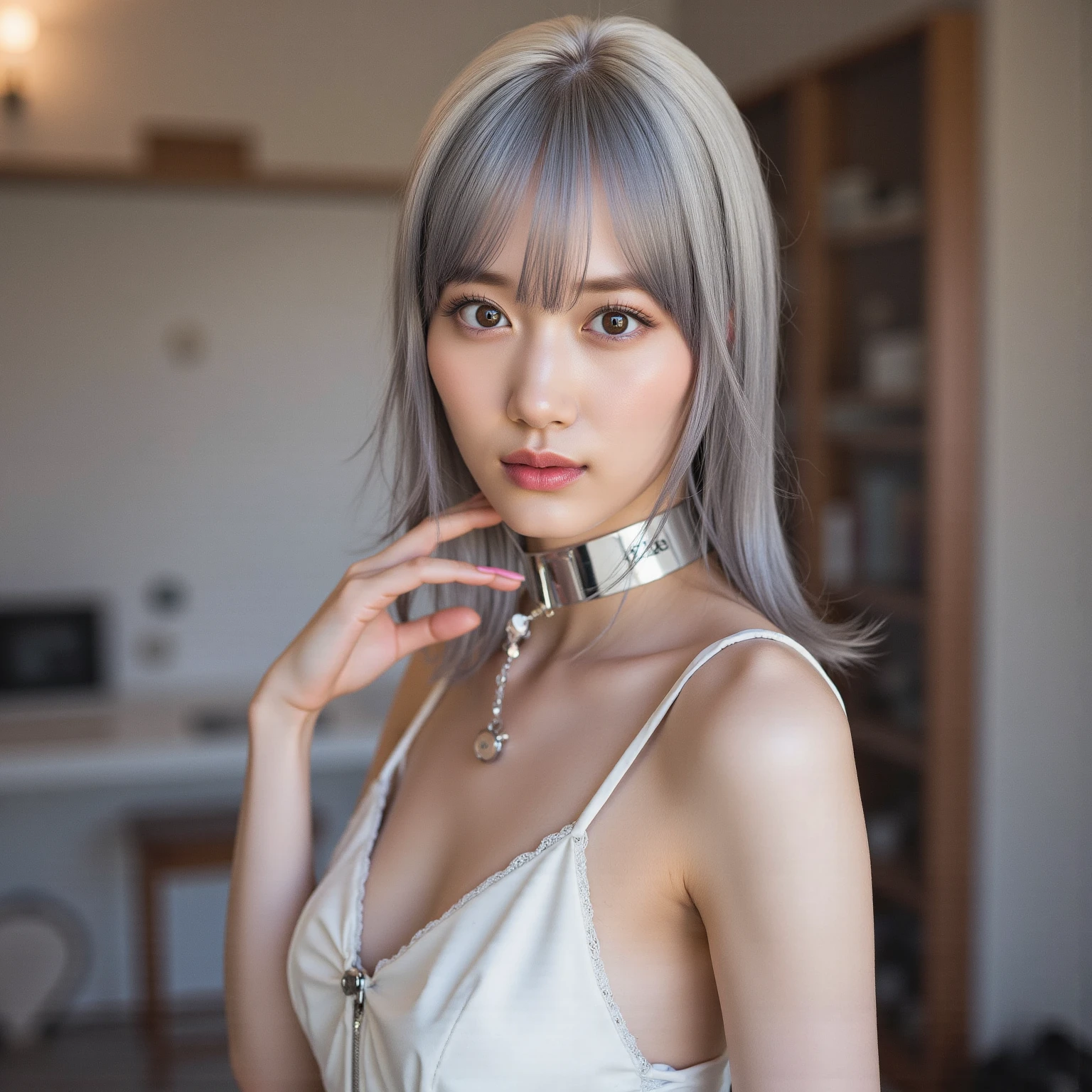 Short hair, silver hair, tied up, woman with transparent clothes, 2D