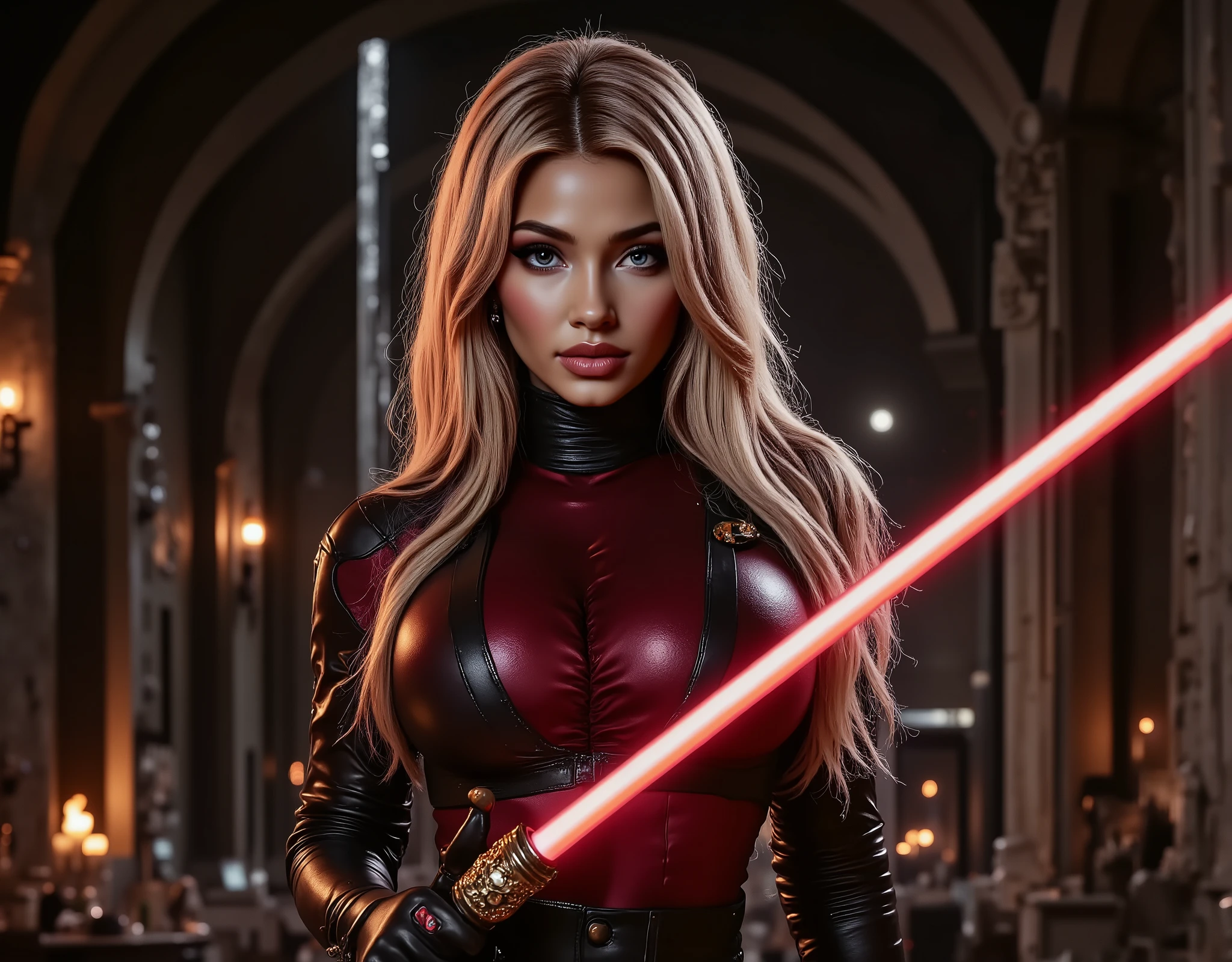 full body shot, female warrior, sith lord, star wars, red lightsaber, intricate details,beautiful detailed eyes, beautiful detailed lips, extremely detailed face, long eyelashes, evil look, diabolic, dramatic lighting, dark fantasy, chiaroscuro, cinematic composition, dramatic pose, dynamic action, moody atmosphere, deep shadows, vibrant colors, photorealistic, 8k, masterpiec