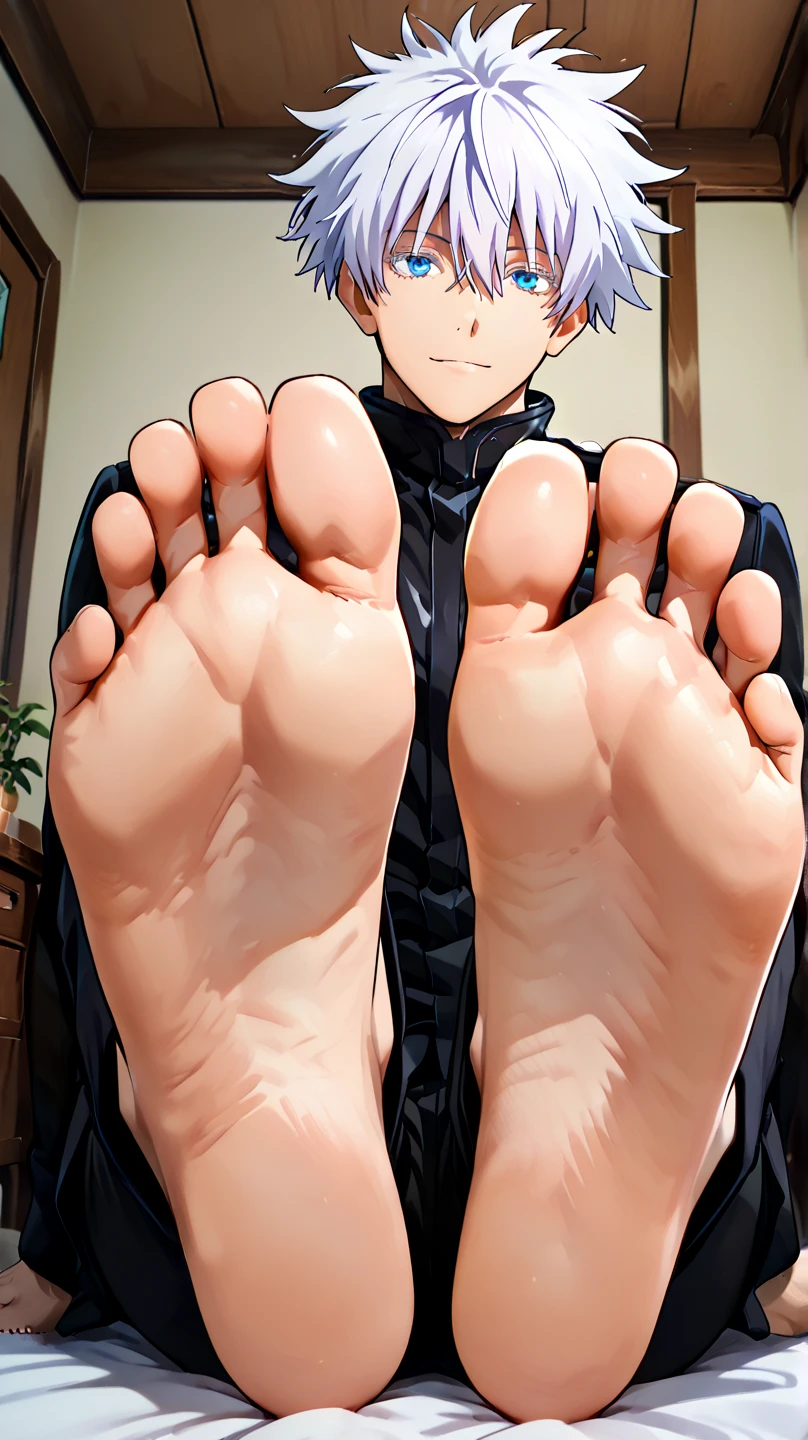 score_9, score_8_up,source_anime, adult version
1boy, alone, (score_9, score_8_up, score_7_up), 1boy, score_9, score_8_up, score_7_up, source_anime, score_9, score_8_up, score_7_up, source_anime, rating_safe, score_9,score_8_up,score_7_up,source_anime,1boy,solo,
 1boy, gojou satoru, white hair, short hair, spiked hair, blue eyes, colored eyelashes, hair between eyes, black jacket, pants,male focus, anime screencap, official style, official art, officiel outfit, male focus, solo,
indoor, japanese, looking at viewer, cowboy shot, anime screencap, anime coloring，barefoot，Perfect feet，Anatomically correct，soles，Focal length 35mm, Five toes，front，Symmetrical Soles，Foot Focus, in the bedroom, sitting on the bed, lifting legs to show his soles, low angle

anime screencap, masterpiece, best quality, amazing quality, very aesthetic, official style,
1boy, solo, , barefoot, he is adult
 ,official style, barefoot, foot focus, looking at viewer, Alone, cowboy shot, anime coloring, Perfect feet，Anatomically correct，soles，Focal length 35mm, Five toes，front，Symmetrical Soles,
sitting with his feet prominently displayed toward the, He is barefoot, and the soles of his feet are the central focus of the image, appearing close-up.High Resolution, Best Quality, Accurate, no extra toes,