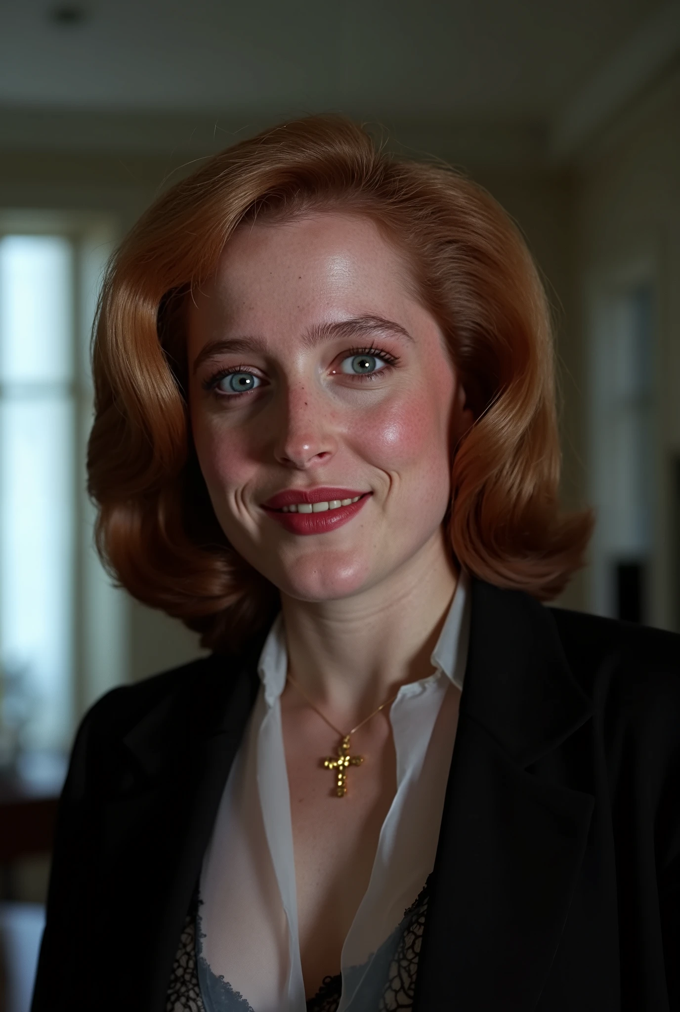 A woman 35 years 1girl, a hyper-realistic photo of Gillian Anderson as Dana Scully, featuring a beautifully detailed face with captivating eyes and a serene expression, The image showcases her natural beauty, focusing on her flawless skin and delicate features, The lighting enhances her features, creating a soft interplay of light and shadow, while the high-resolution quality captures every detail with photorealistic clarity, Her hair is styled in an intricate and unique fashion, adding to her ethereal and timeless aura, (pale skin, detailed skin, detaled face), (red hair), (sexy makeup, eyeliner, long eyelashes), (pale skin, detailed skin, detaled face), (red hair), (sexy makeup, eyeliner, long eyelashes), (wearing a black unbuttoned business jacket, white transparent business blouse, black laced bra is visible through the transparent busines blouse, black mini skirt, black thin thong panties, black stockings, black platform high heels beautiful golden earrings, golden cross necklace), (office of Dana Scully from UFO movie), (she is smiling), ((full body picture))
