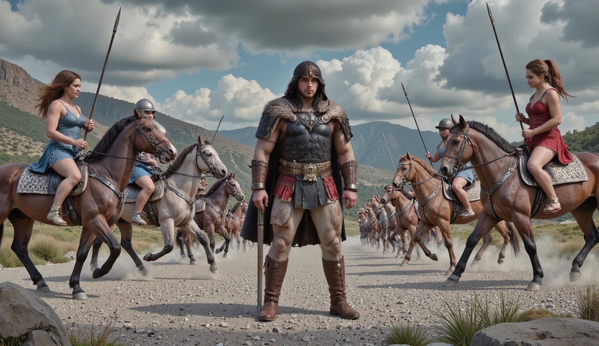 Hercules standing on the ground, surrounded by Amazon warriors on horseback wielding spears.