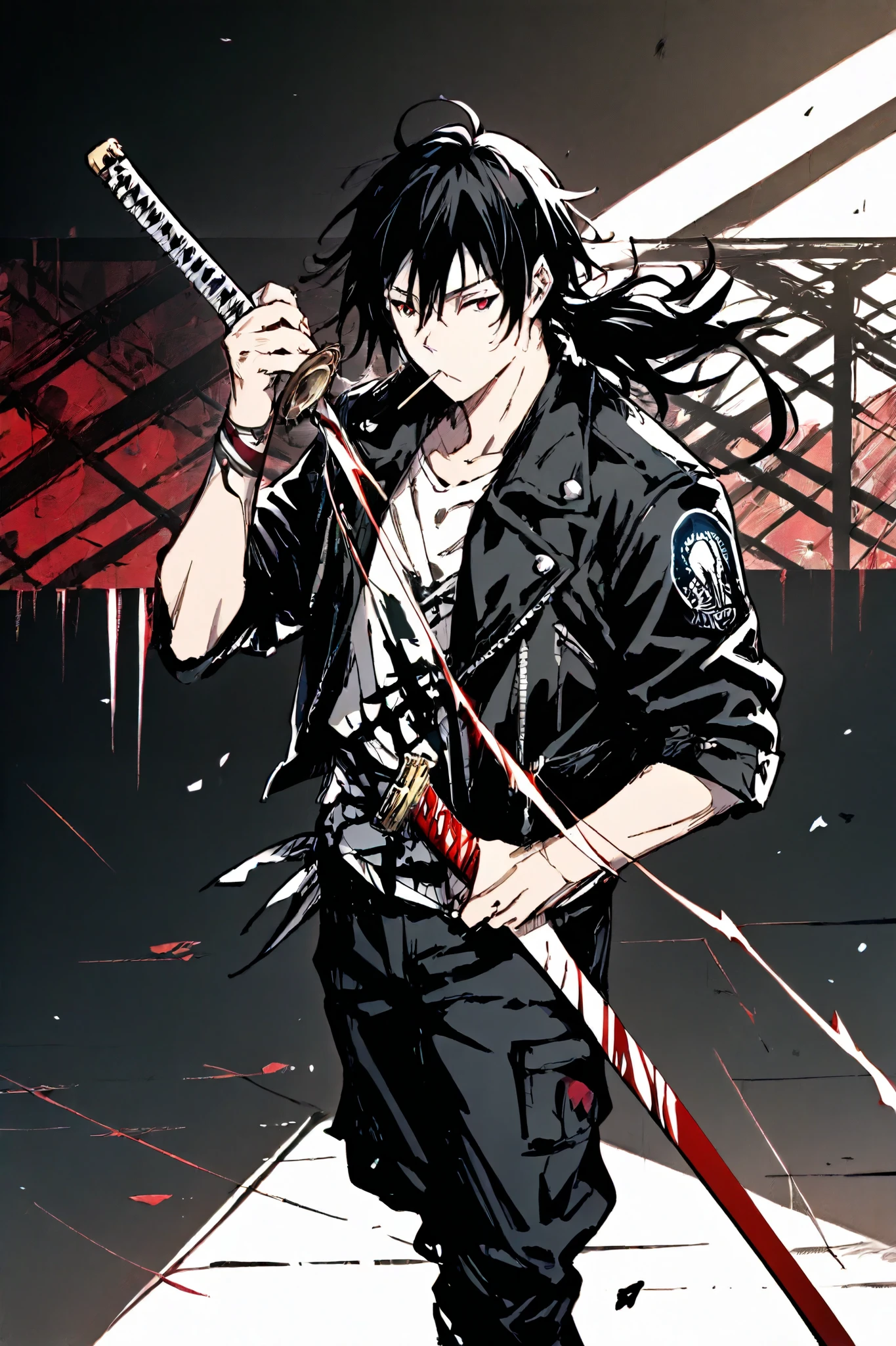 A male
Cabello:
long and messy, color black with white highlights on the tips.
Sometimes you tie it in a low ponytail when it gets serious.
Clothes:
It wears a black leather jacket with rolled up sleeves and patches from different rock bands.
Under the jacket, wear a traditional short kimono, merging modern with classic.
Tight cargo pants and combat boots.
Peculiar Details:
Use a katana wrapped in adhesive tape with scratches and graffiti engravings.
You always have a toothpick in your mouth or a can of soda in your hand.
When you use your skill , your eyes They have a pattern similar to a sword's edge reflecting light.
It moves quickly and carefree, as if you were dancing between enemy attacks.