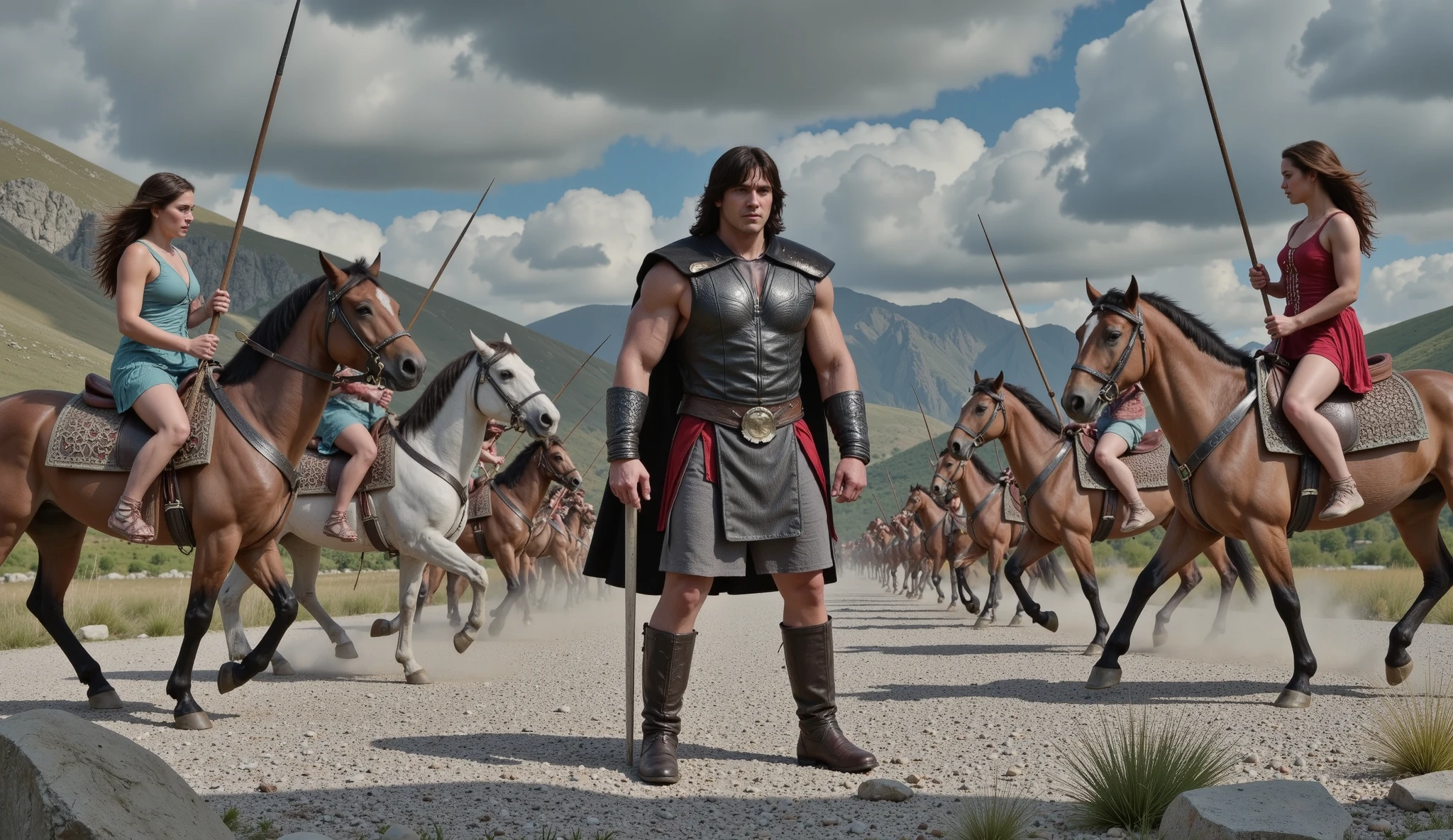 Hercules standing on the ground, surrounded by Amazon warriors on horseback wielding spears.
