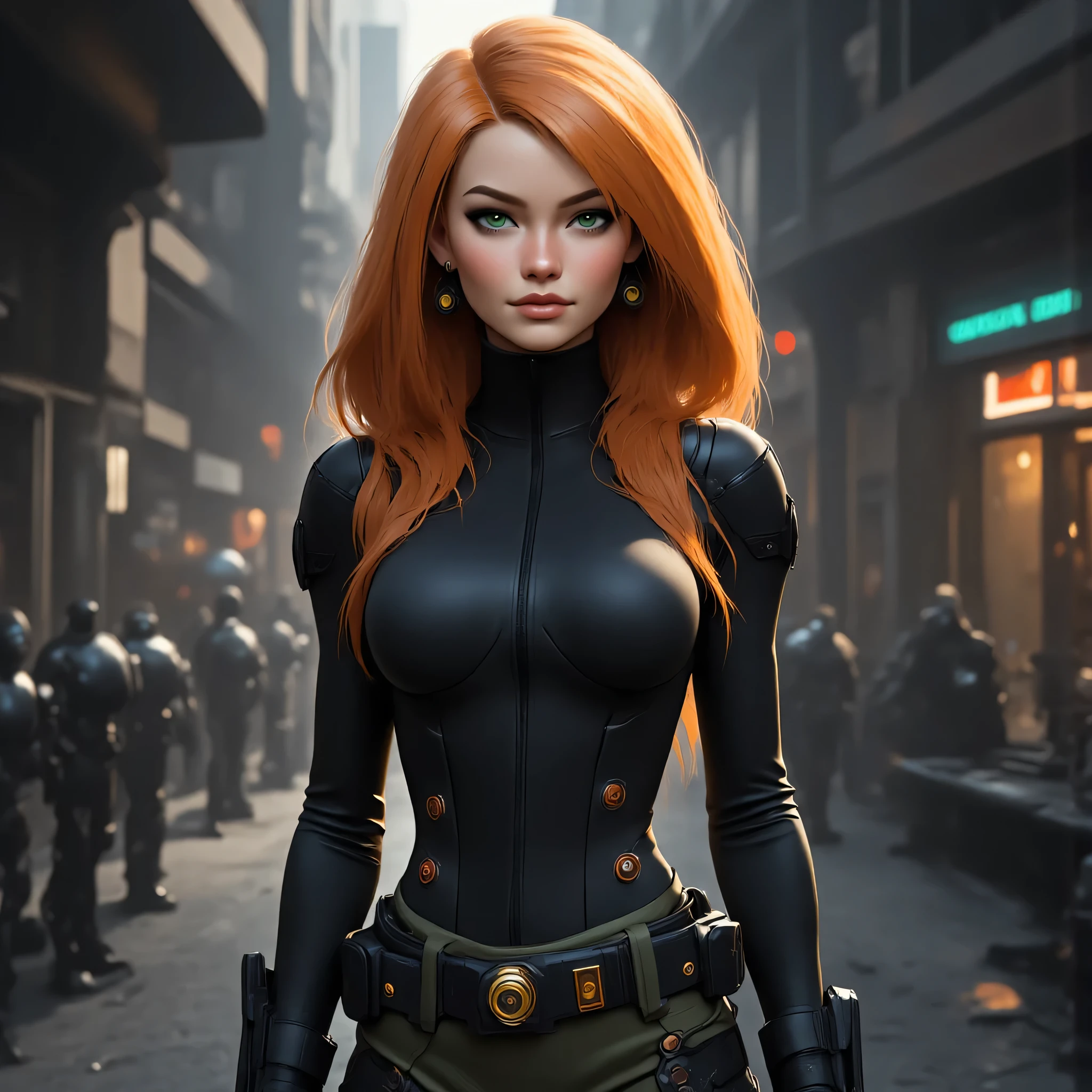 1girl, seductive shapes, Kim five plus , a smirk on the face cheerful look, semi-profile, Kim-five character plus (Kimberly ), athletic body, seductive body and curves, red hair, pretty face, determined look , straight hair, Green eyes , A girl in a black sweater and dark green pants, preparing for battle, Conceptual Style (concept art), semi-profile, cinematic lighting, 8k, hyper-realistic, intricate detailing, sharp focus, neutral background, fully measured full-length photo, several military guards are standing and defending their positions and an armored freight elevator in the lab, special forces, Beautiful medium-sized breasts, cool hips, beautiful waist, gold earrings in the form of round rings, sitting on a penthouse chair