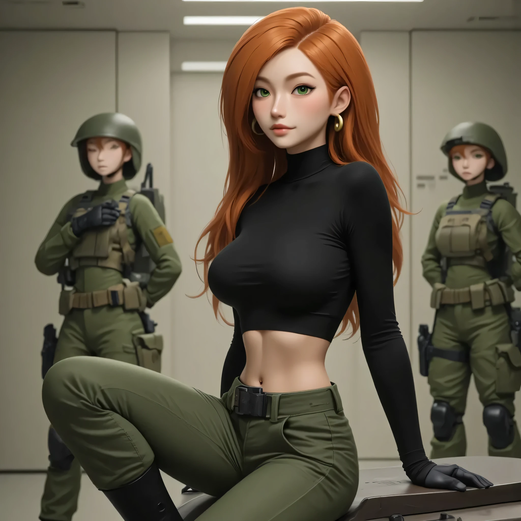 1girl, seductive shapes, Kim five plus , a smirk on the face cheerful look, semi-profile, Kim-five character plus (Kimberly ), athletic body, seductive body and curves, red hair, pretty face, determined look , straight hair, Green eyes , Girl in a black sweater and dark green pants, preparing for battle, Conceptual Style (concept art), semi-profile, cinematic lighting, 8k, hyper-realistic, intricate detailing, sharp focus, neutral background, fully measured full-length photo, several military guards are standing and defending their positions and an armored freight elevator in the lab, special forces, Beautiful medium-sized breasts, cool hips, beautiful waist, gold earrings in the form of round rings, sitting on a penthouse chair