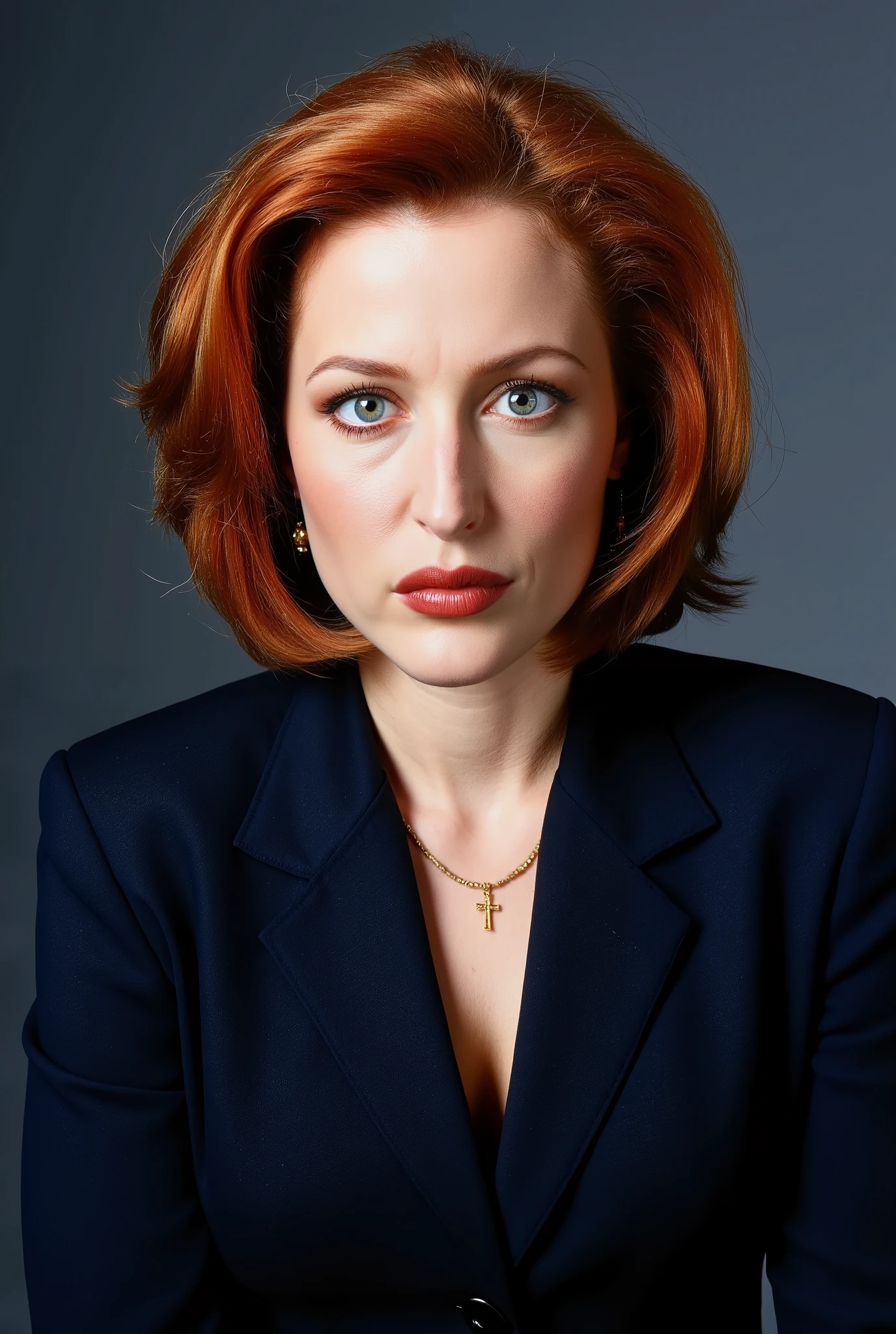 A woman 35 years, a hyper-realistic photo of Dana Scully, featuring a beautifully detailed face with captivating eyes and a serene expression, The image showcases her natural beauty, focusing on her flawless skin and delicate features, (pale skin, detailed skin, detaled face), (red hair), (sexy makeup, eyeliner, long eyelashes), (wearing dark blue unbuttoned business jacket, dark blue thin laced bra, dark-blue thin laced g-strings, dark blue thin stockings, dark blue thin platform high heels beautiful golden earrings, delicate golden cross necklace), (office of Dana Scully from UFO movie), (staying and posing seductively), (smiling)