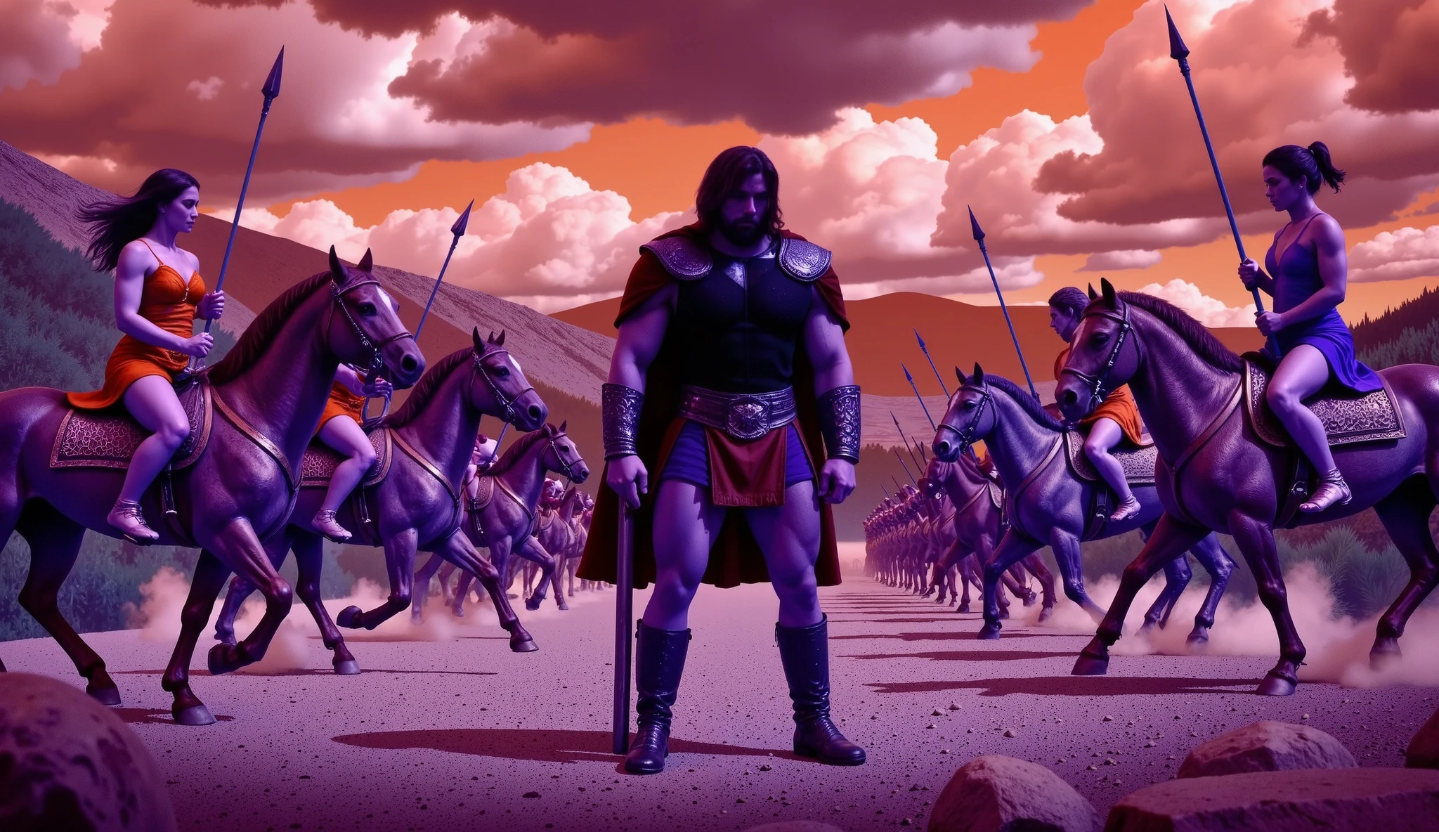 Hercules standing on the ground, surrounded by Amazon warriors on horseback wielding spears.
