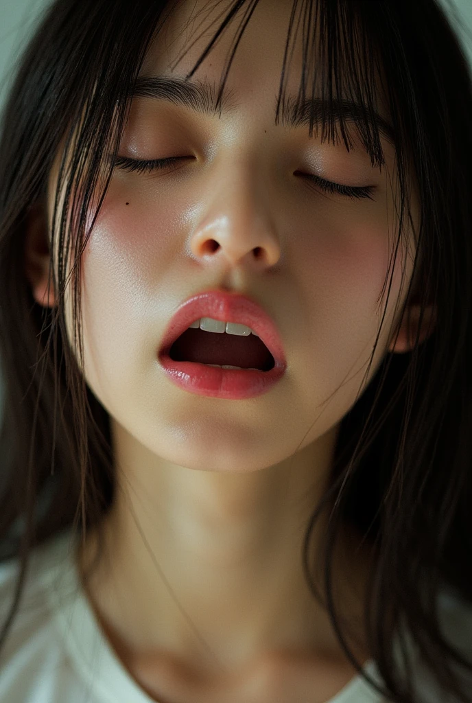 One Girl, Tabletop, - Award-winning photo, Very detailed, Keep your eyes focused, Nose and mouth,Face Focus, Woman with open mouth and closed eyes, Black camisole、Age 35,Black-haired、Symmetrical face,Realistic nostrils、Angle from below、elongated C-shaped nose,,,,,Browsing Caution,White Background、Sweaty skin、Lighting that highlights sweaty skin、(Crazy Face))Skin shiny with sweat、Shiny skin、((Glowing Skin))、Attractive body,Beautiful breasts,((Mature Woman))Beautiful breasts)Dark Gray Background,((crazy, tongue, saliva, tongue out, Drooling, Ahegao, saliva trail, long tongue, Verbal invitation))(( Are crying, tears, Are crying with eyes open, streaming tears, happy tears))(((Face close-up,front)))Sit down(((crazyな表情)))((Drunk))