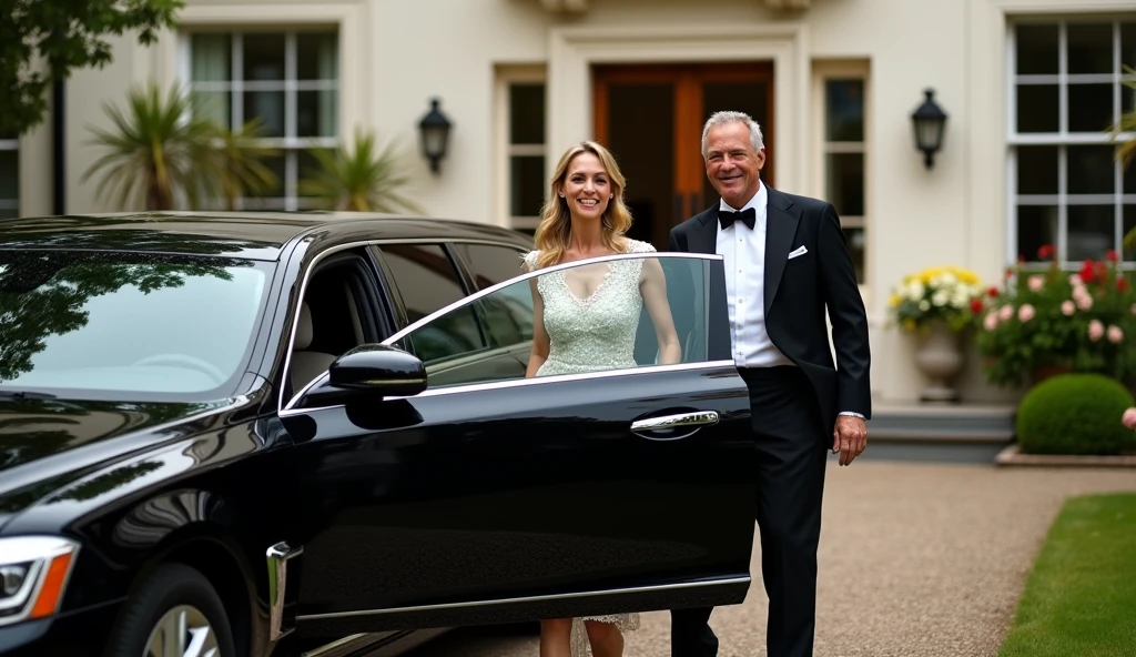 Create an Old Money Scene, where a rich man and his wife step out of their Rolls Royce in front of their European style mansion.