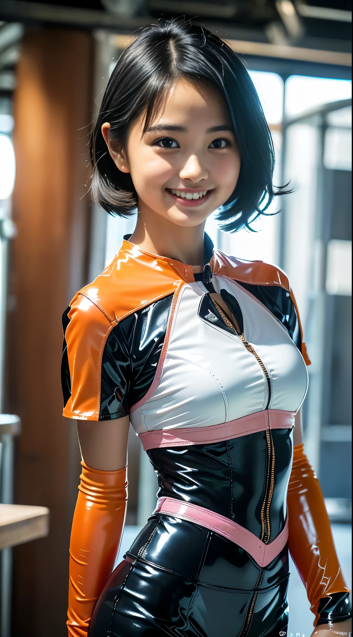 (8K、Raw photography、top-quality、masterpiece:1.2),(Open your legs wide),(A dark-haired、Bery short hair:1.7),watching at viewers,Looking at the front,Erotic,de pele branca,(brightly colored plug suit:1.7)、(Clothing that emphasizes the shape of your chest、exposing the skin:1.4)、(Colossal tits:1.3)、absurderes,、超A high resolution,,ren,Beautiful fece,(One Person, 独奏、without background:1.8),fullllbody,hi-school girl,A Japanese Lady,is standing,(Photorealsitic:1.37)、Photon mapping,Realistic、(Cute little face: 1.8)、(Cute smile: 1.7)、(with round face: 1.8)、Radio City、Physically Based Rendering、Foreground、depth of field rally background、a picture,beauty legs, (Knees are visible,Thigh close-up:1.4),full body Esbian、Nogizaka Idol, Japanese ido、Colossal titsle body esbian、super definition、Sit on a desk and spread your legs