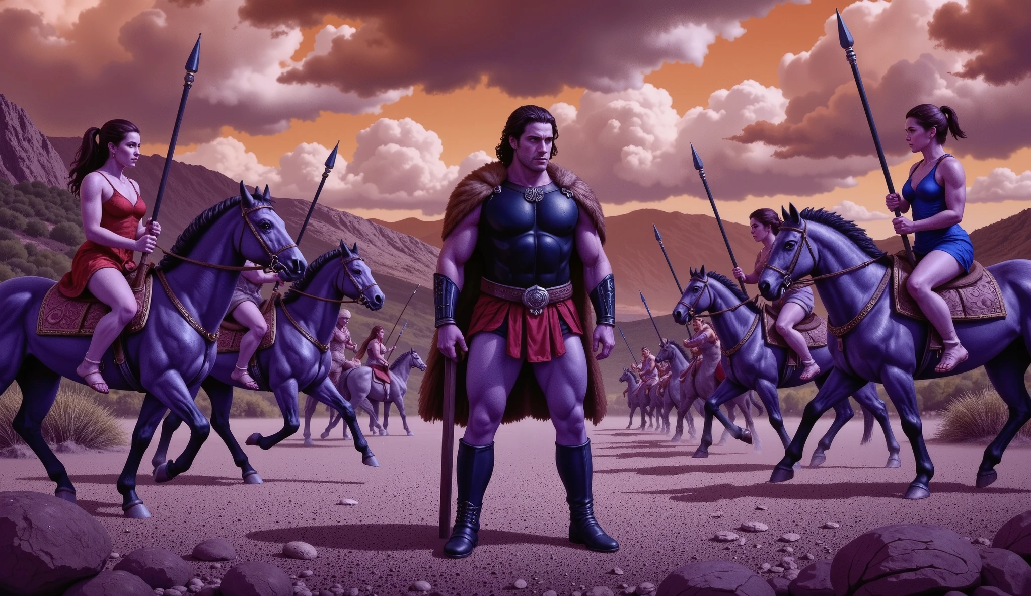 Hercules standing on the ground, surrounded by Amazon warriors on horseback wielding spears.