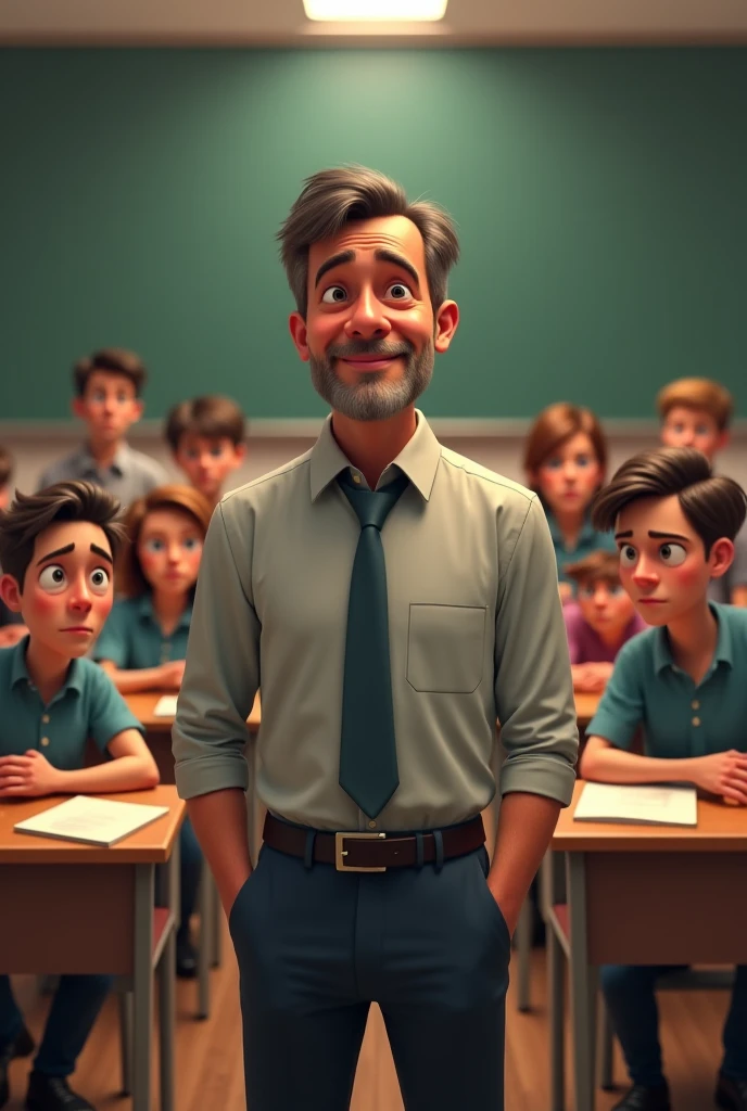 Cartoon character of a man, unshaven beard, without glasses, brown color, in a suit in the classroom, animation character, stylized character, animation style rendering, 3d stylized, Arnold Maya rendering, Stylized 3D rendering, toon render screenshot, 3d character, 3d character, Stylized 3D rendering, 3D character rendering, cartoon character, Personagem de close up, character posing, (Pixar-style) (master part:1.2) (bokeh) (best qualityer) (skin detailed) (detailed texture) (8k) (Argilla) (cinematic lighting) (sharp focus