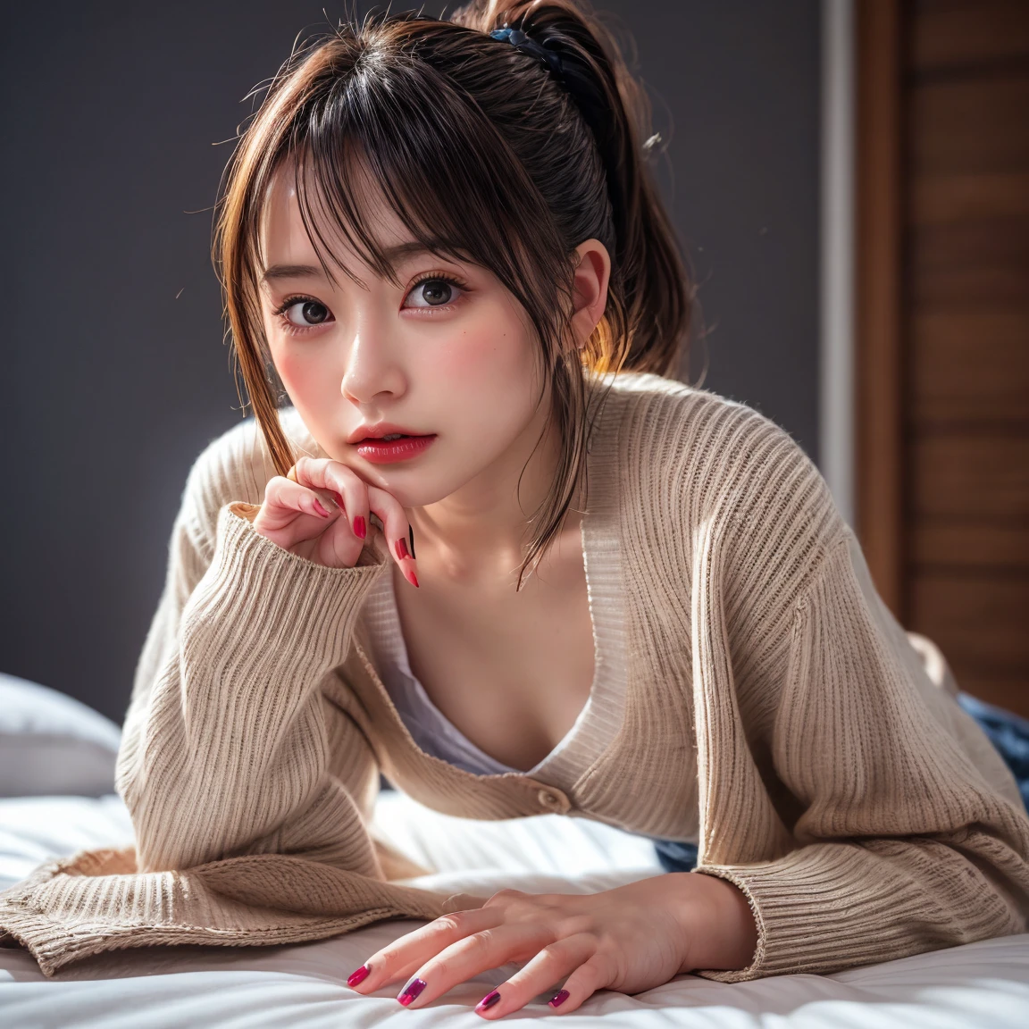 Best image quality, Focus, Soft light, Black hair, (Japanese)), (((Front, 18 years old))), (Depth of field), Ultra high resolution, (Real: 1.4), RAW photo, ((pajamas))
