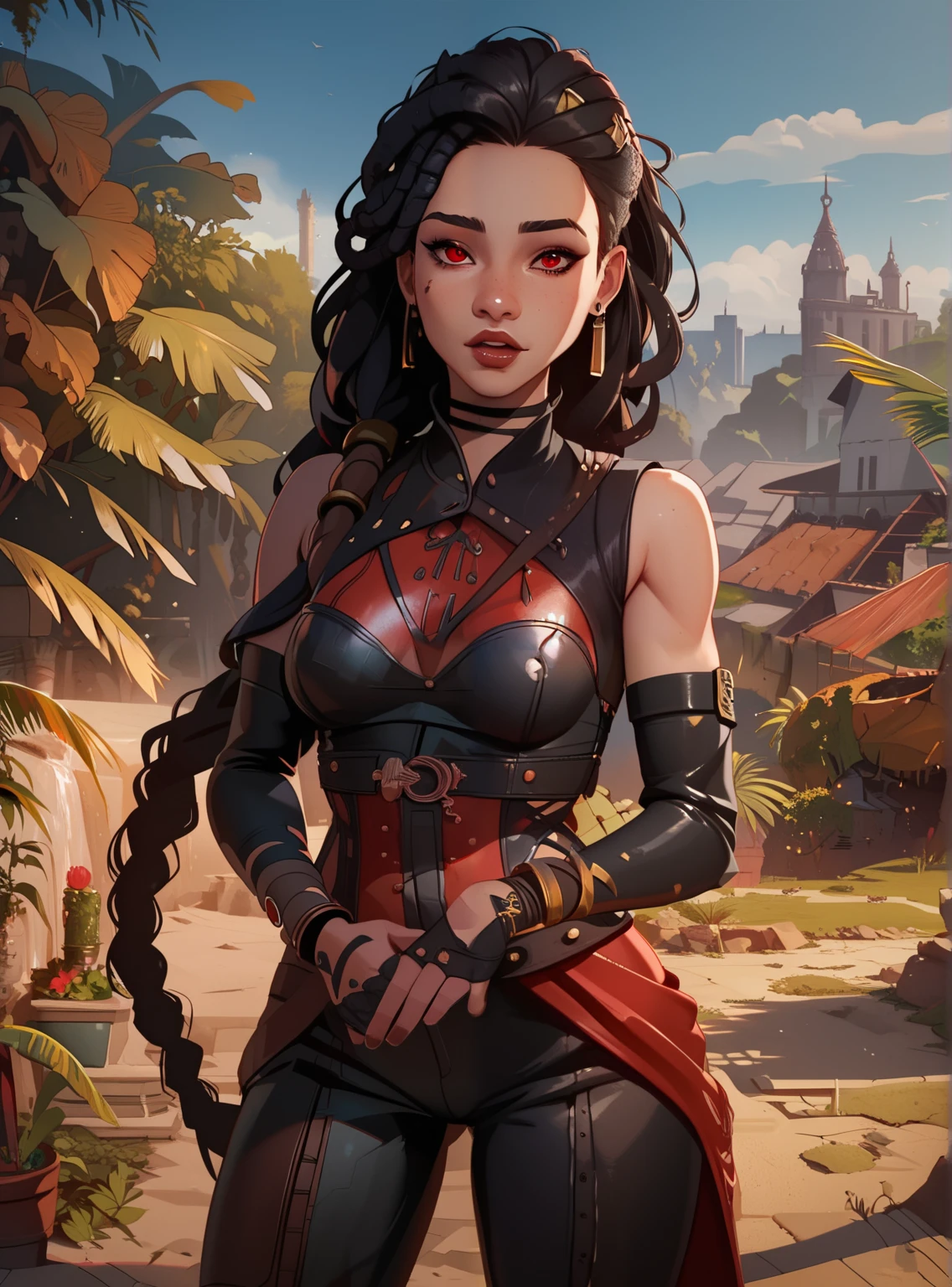 Otter girl, antromorph, masterpiece, HD , great quality, very aesthetic, absurd,  high contrast ,  high color palette , light glare ,Latest ,2.5D,volumetric lighting, Sweet, jung,  1 girl, aztekisch, small breasts, red eyes,athletic body, aztekisch, white hair strands, looks at the viewer, Dreadlocks,  shy, smiles, Anime shark teeth,  background: jungles and Aztec ruins