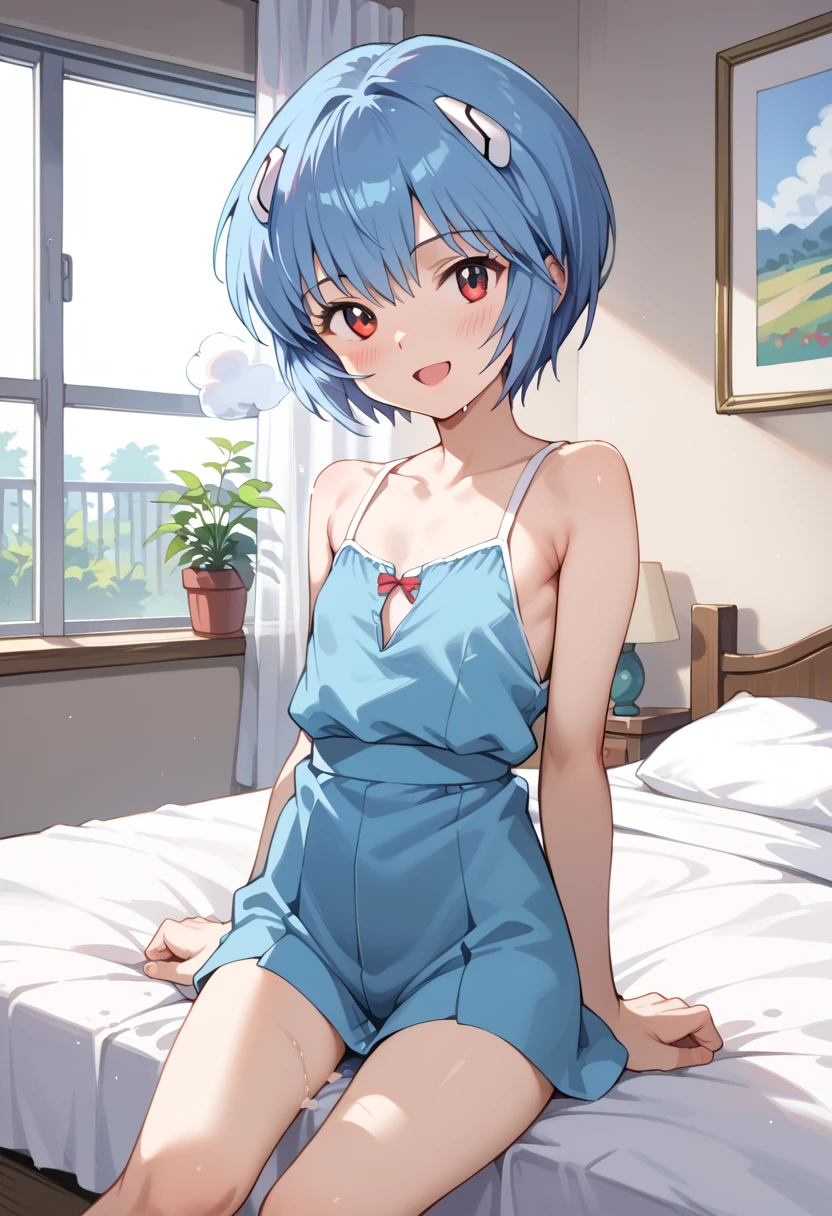 ((top quality)), ((masterpiece)), (be familiar with), perfect faces, indoors, bedroom, viewers dripping to the floor,
One woman, Ayanami Rei,
open mouth, steam clouds drift, blush, smile,
 small tits, flat chest, Young girl,  lori,  ,  girl,
Short Hair, short hair,
 open,