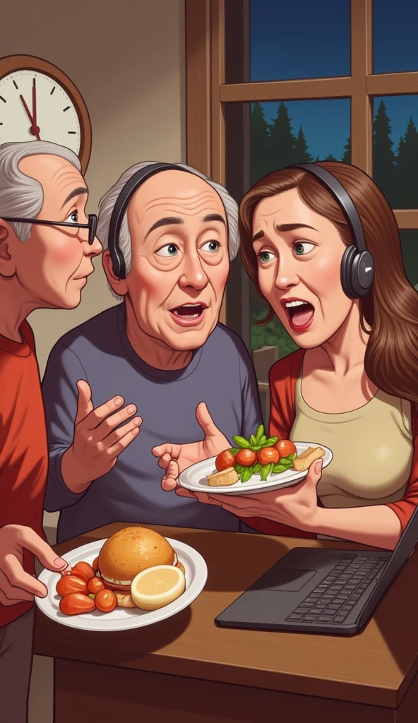 A women and a child sitting and there is food infront of them on the table and an uncle having phone in his hand is shouting on women and child is looking sad