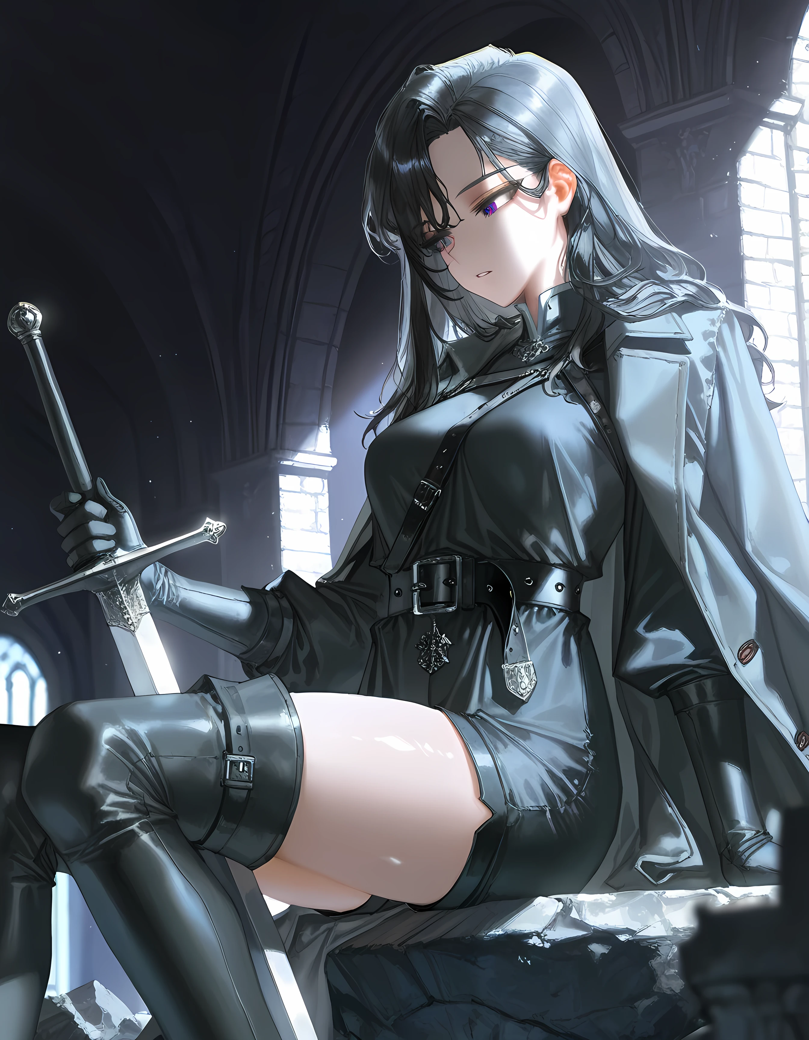 (artist:quasarcake:1.1),(artist:reoen:0.826446),(artist:rhasta:0.9),(artist:wlop:0.7),(hiten \(hitenkei\):0.6),  blurry foreground,ray tracing,absurdres,  1girl,solo,adult, woman,mature female, long hair, black hair, small bangs, purple eyes, perfect eyes, detailed eyes, black pupils,  expressionless,parted lips, shiny skin,medium breasts,thighs,legs, black belt dress, black gloves, black shorts, coat draped around shoulders, coatslinging,  thigh boots,  medieval world,medieval architecture,a castle,in the ruins,daytime,outside, sitting,on a stone,open legs,legs on level,holding a long sword,sheated sword,  detailed eyes,beautiful lighting,beautiful shadows,  perfect anatomy,perfect body,  dark atmosphere,lights particles,dusty air,masterpiece,best quality,amazing quality,  side view, side portrait
