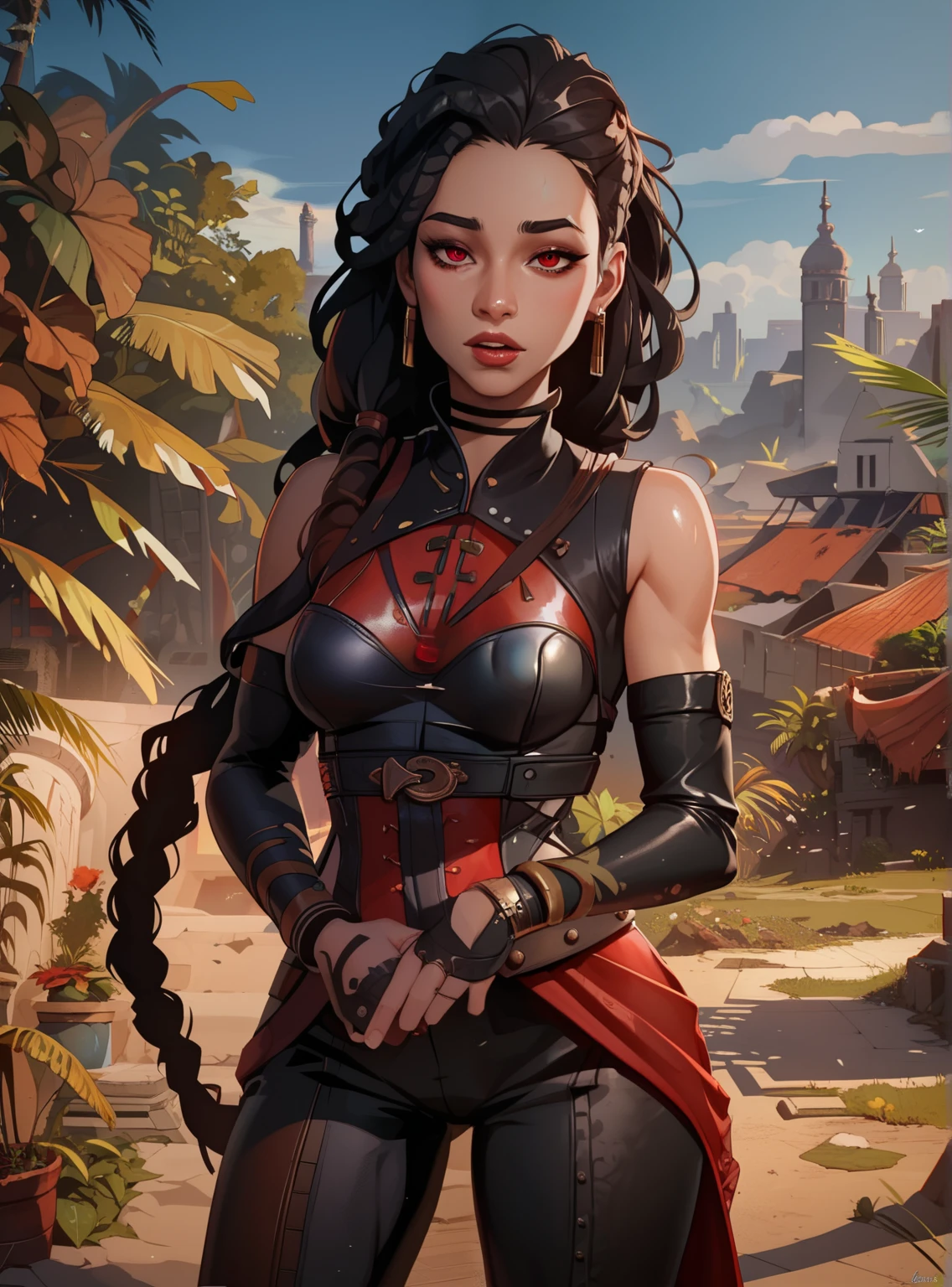 masterpiece, HD , great quality, very aesthetic, absurd, high contrast , high color palette , light glare ,Latest ,2.5D,volumetric lighting, Sweet, jung, 1 girl, aztekisch, small breasts, red eyes,athletic body, aztekisch, white hair strands, looks at the viewer, Dreadlocks, shy, smiles, Anime shark teeth, background: jungles and Aztec ruins