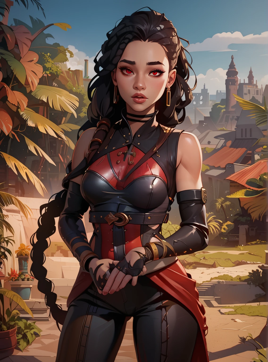 masterpiece, HD , great quality, very aesthetic, absurd, high contrast , high color palette , light glare ,Latest ,2.5D,volumetric lighting, Sweet, jung, 1 girl, aztekisch, round face, slim lips, small breasts, red eyes,athletic body, aztekisch, white hair strands, looks at the viewer, Dreadlocks, shy, smiles, Anime shark teeth, background: jungles and Aztec ruins