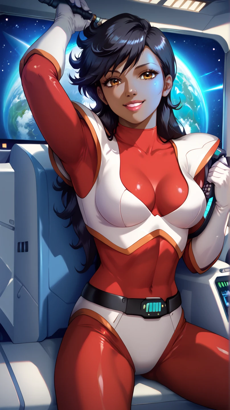 1girl, Stretcher the busty comic book woman, masterpiece, beautiful, high quality, high definition, superb quality, highly detailed, insane detail, sexy pose, posing for cameras, hands on hips, happy, smiling, hand on hip, long hair, huge ponytail, slim, thin, athletic, womanly, rubbery, elastic woman, (white and red spandex, white and red legs, tight top), rubber body, brunette, ((huge breasts, slim waist)), city, heroic, cheerful, (bold nose, hawkish facial features),