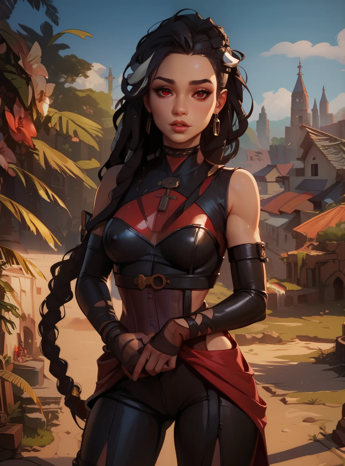masterpiece, HD , great quality, very aesthetic, absurd,  high contrast ,  high color palette , light glare ,Latest ,2.5D,volumetric lighting, Sweet, jung,  1 girl, aztekisch, round face, slim lips, small breasts, red eyes,athletic body, aztekisch, white hair strands, looks at the viewer, Dreadlocks,  shy, smiles, Anime shark teeth,  background: jungles and Aztec ruins