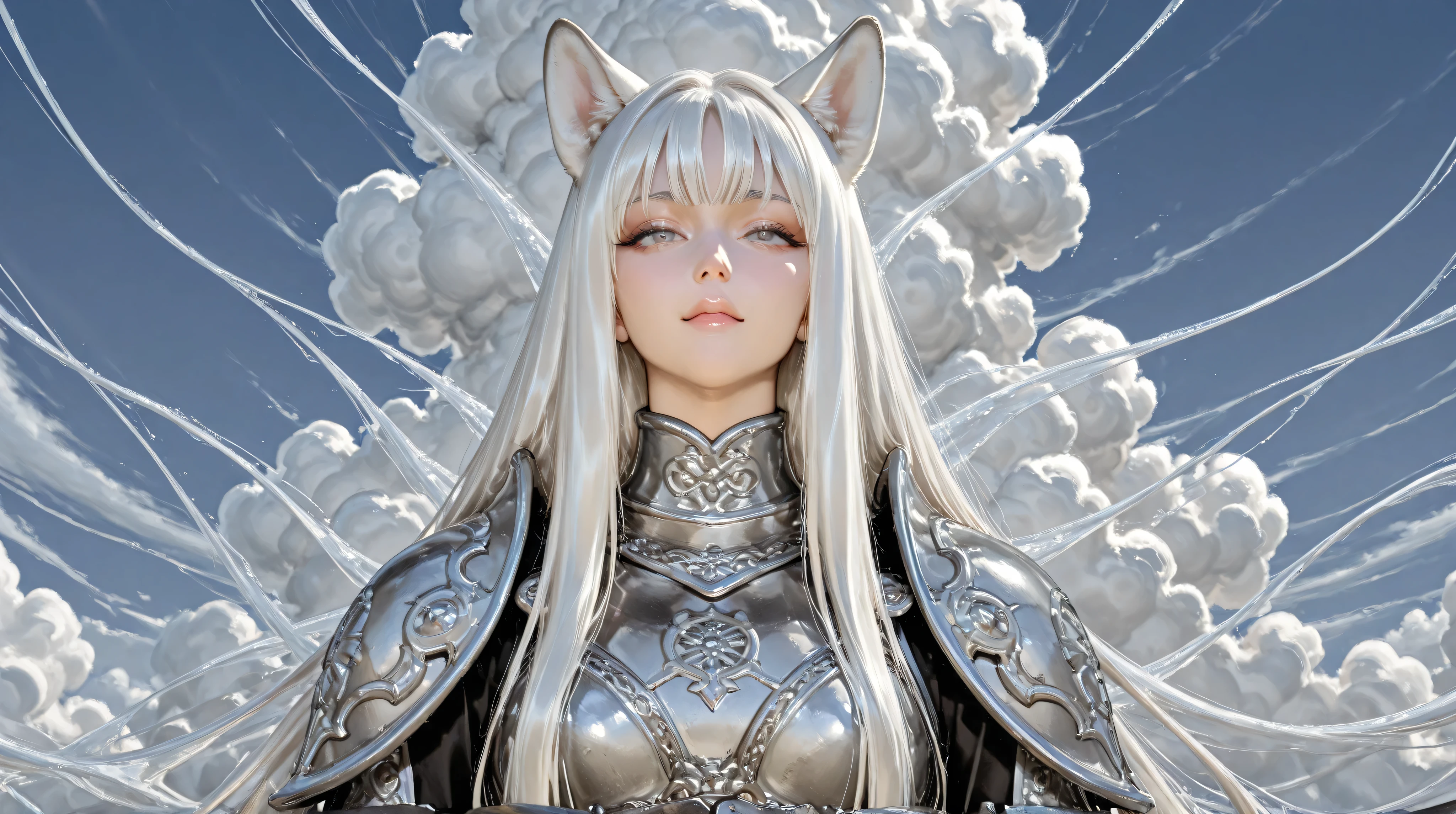 A tall, white-haired girl with dog ears and a Japanese facial appearance is captured mid-air, leaping dynamically against a backdrop of towering cumulonimbus clouds. She wears a beautifully crafted Western-style suit of armor, intricately designed with engraved patterns and shining metal plates. Her long, flowing white hair streams behind her as she soars, her expression fierce and determined.  stands in front of a grand medieval castle. 