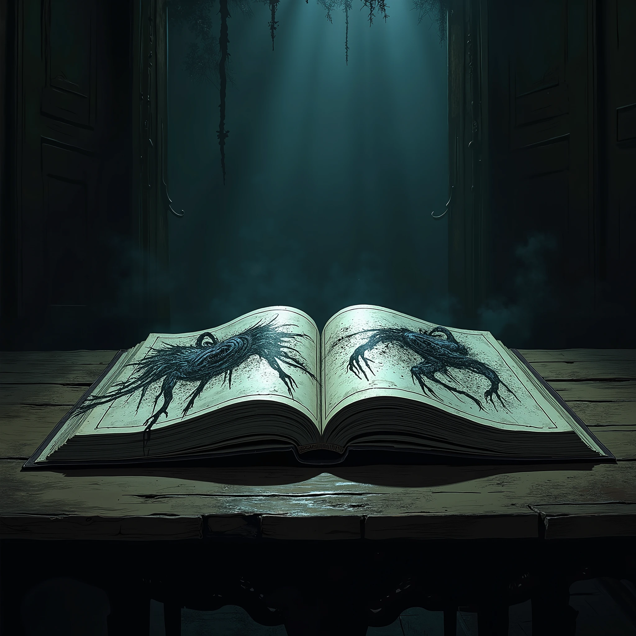 Image of a disturbing old worn notebook, with yellowed pages and satanic symbols that open towards the viewer. On the open page, You see a drawing of a , surrounded by dark shadows, with a tall, sinister figure lurking behind.