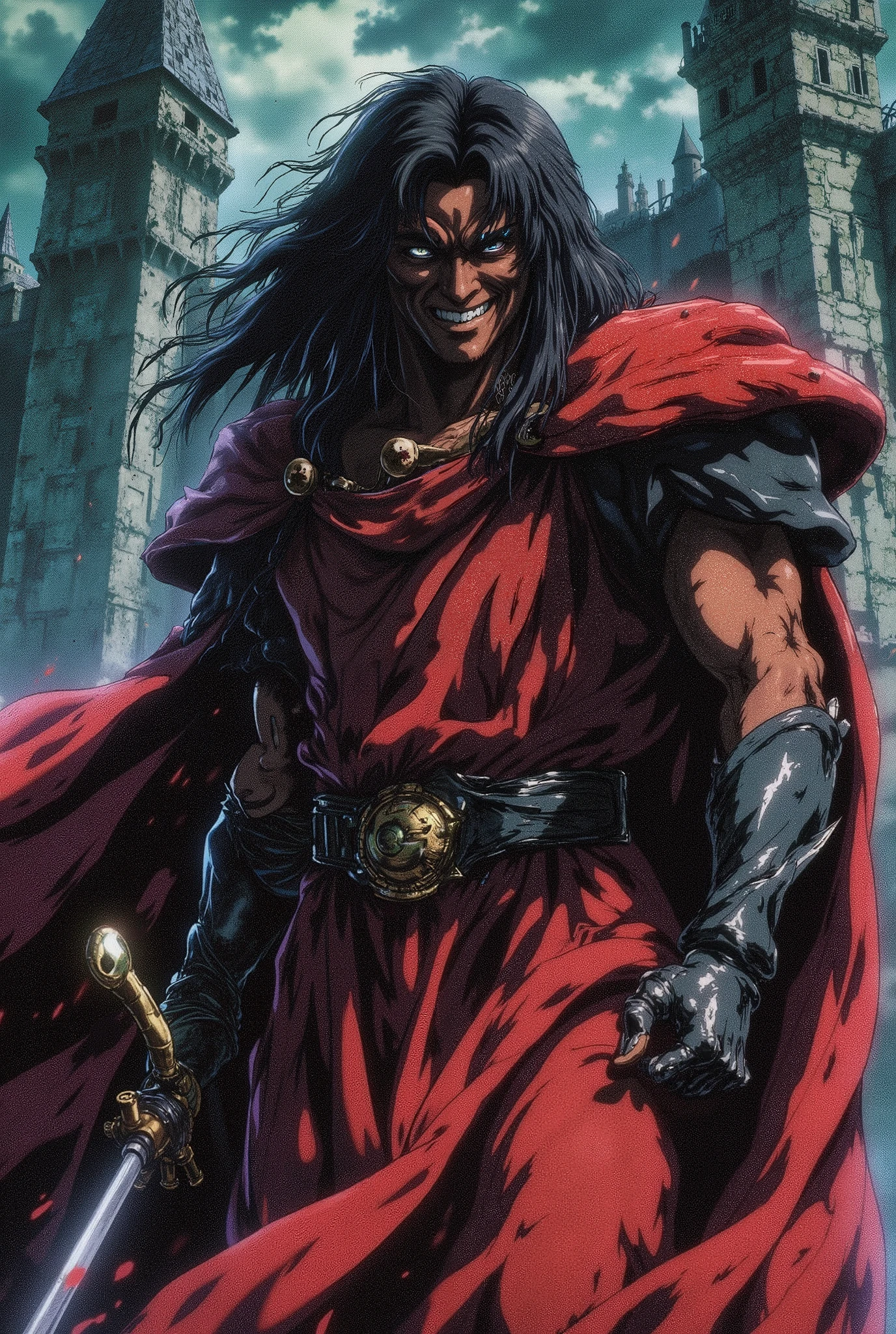 dark-skinned man, long black hair, dressed in a long-sleeved red medieval tabard, black leather gloves, torn cape, with thick black hair on his shoulders, black leather pants, a look of superiority and a sarcastic smile, castle